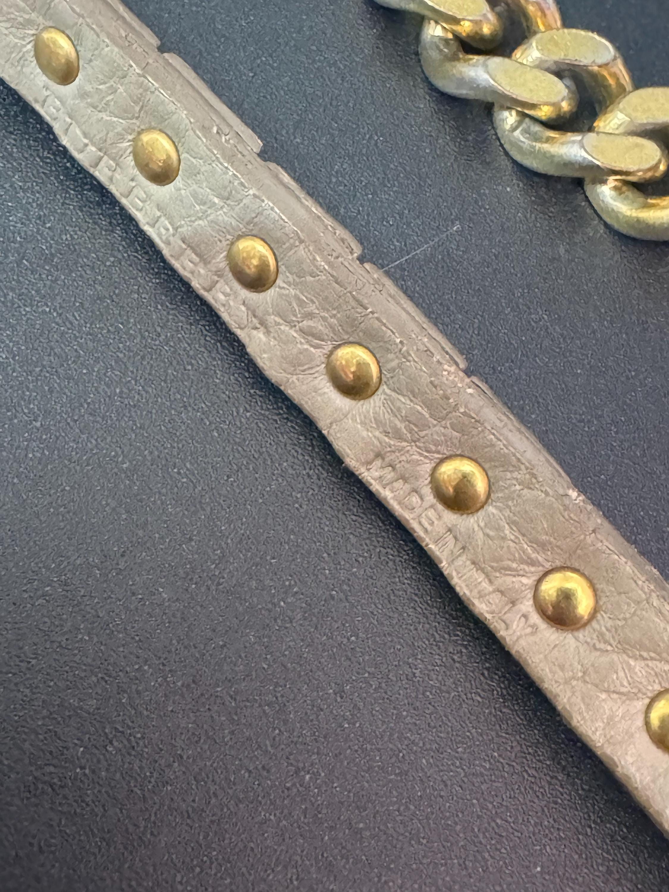 Signed BURBERRY of London taupe beige leather gold studded long flat curb chain flapper length layering necklace