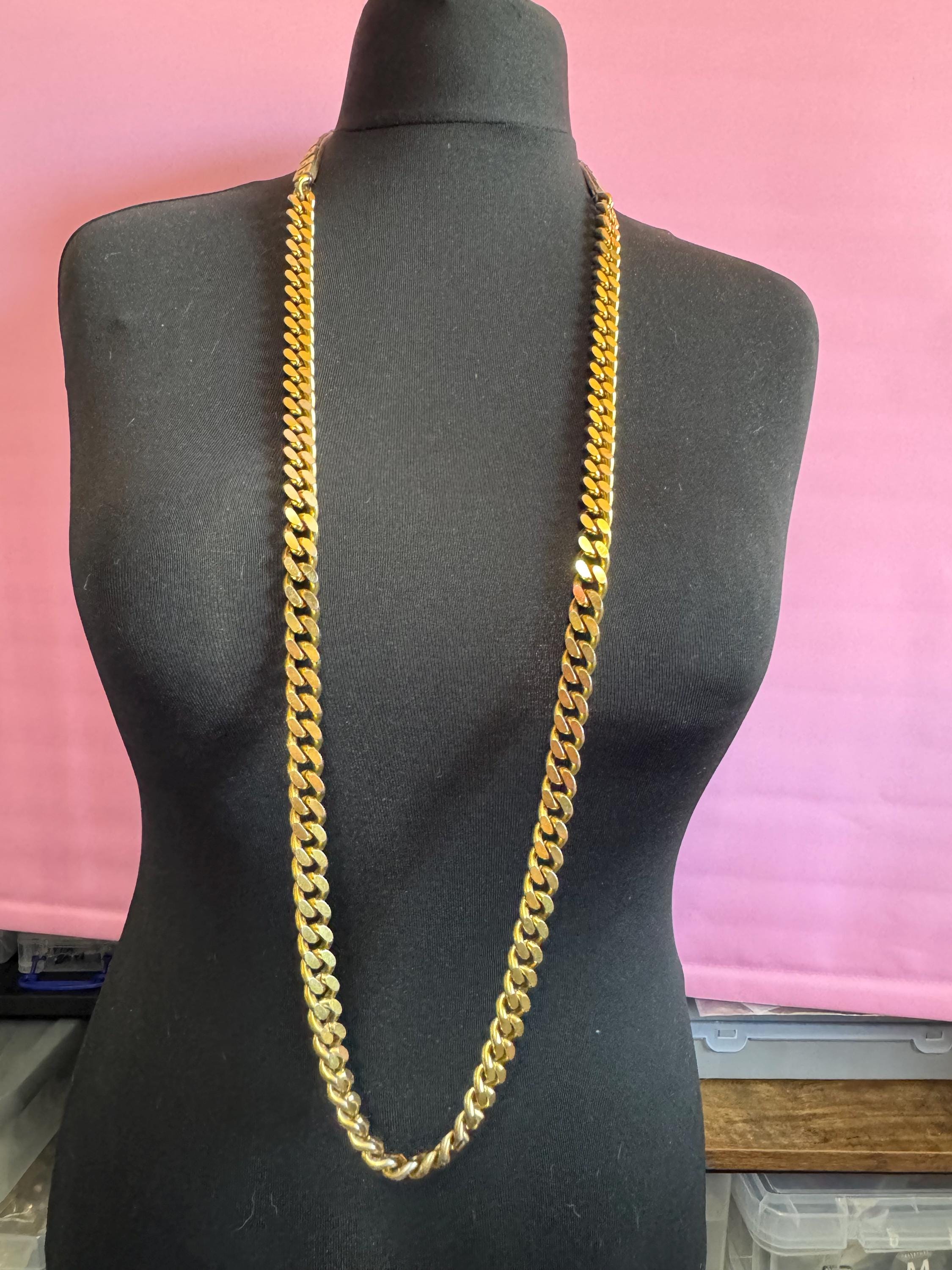 Signed BURBERRY of London taupe beige leather gold studded long flat curb chain flapper length layering necklace