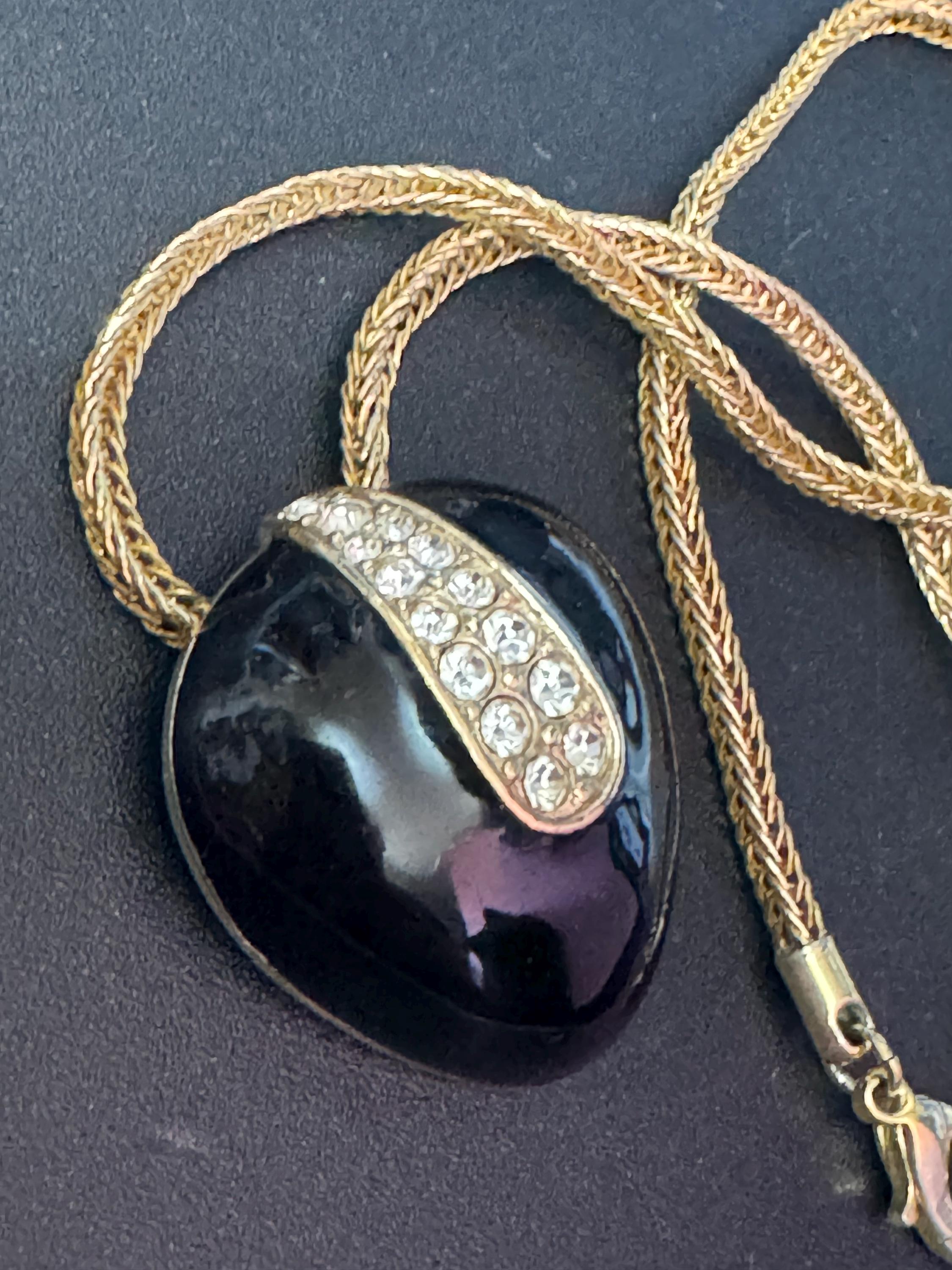 Signed A&S Attwood and Sawyer designer black enamel rhinestone clear crystal paste set pendant necklace gold tone