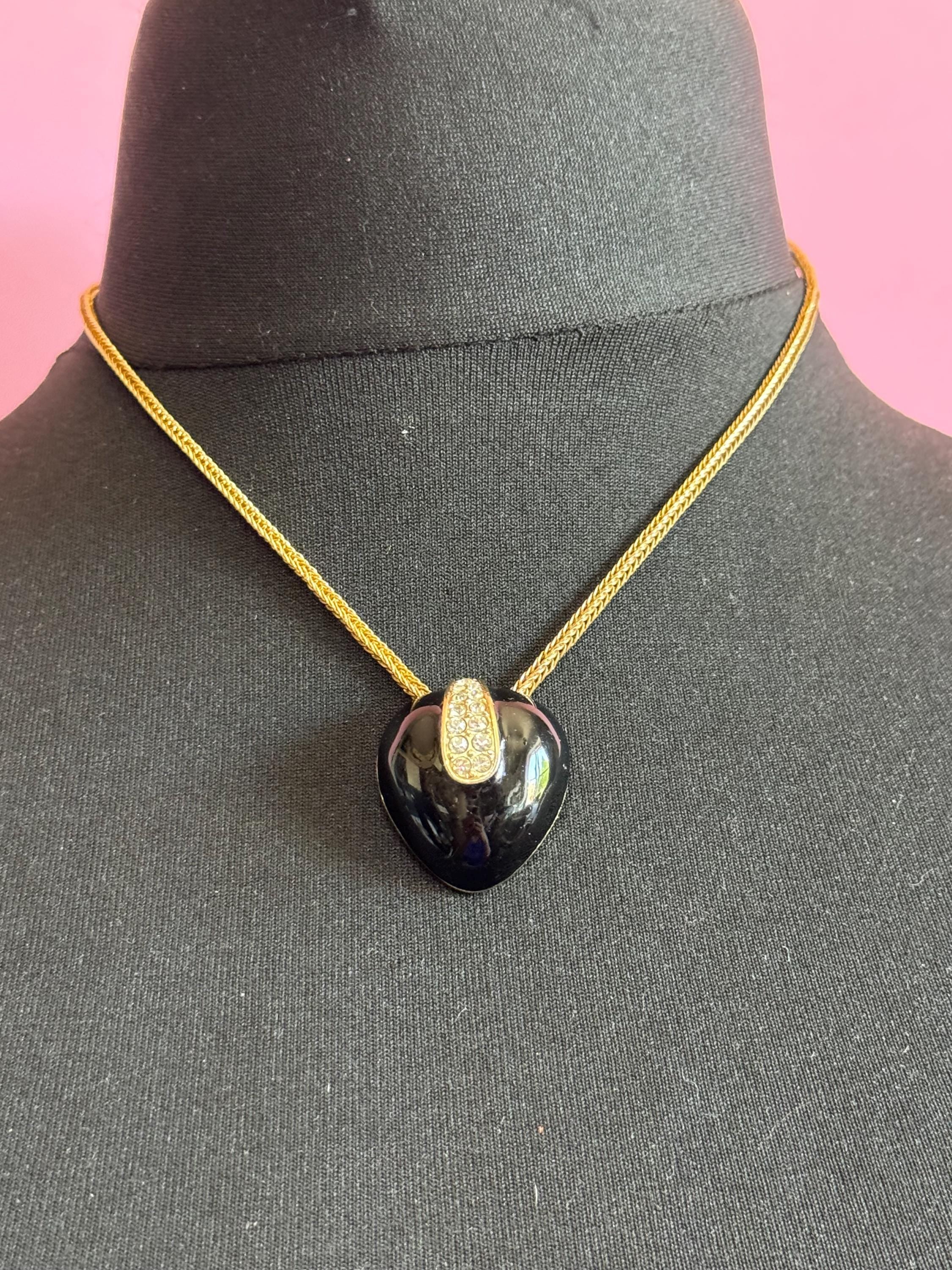 Signed A&S Attwood and Sawyer designer black enamel rhinestone clear crystal paste set pendant necklace gold tone