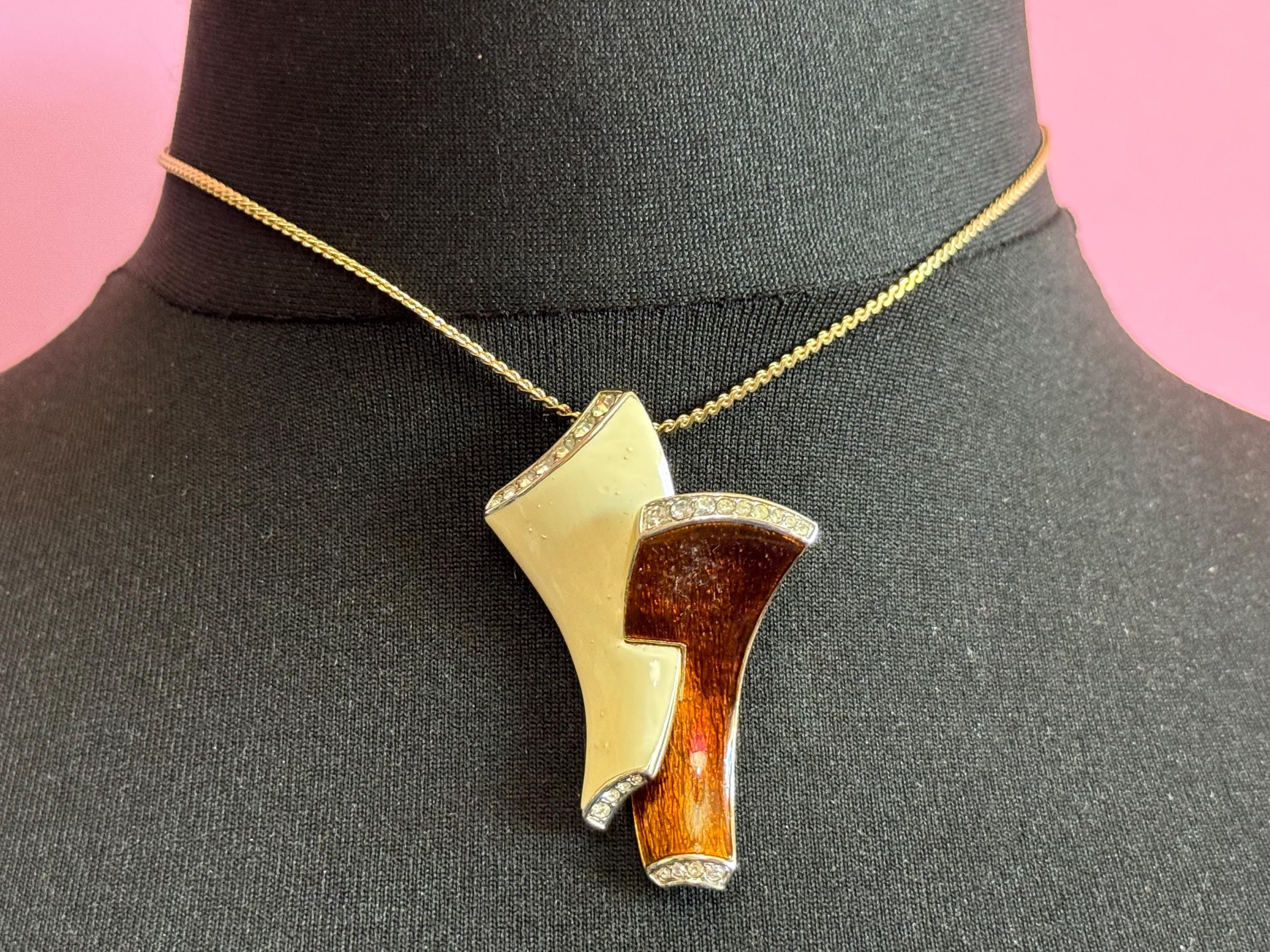 Signed A&S Attwood and Sawyer designer cream and brown enamel rhinestone clear crystal paste set pendant necklace gold tone