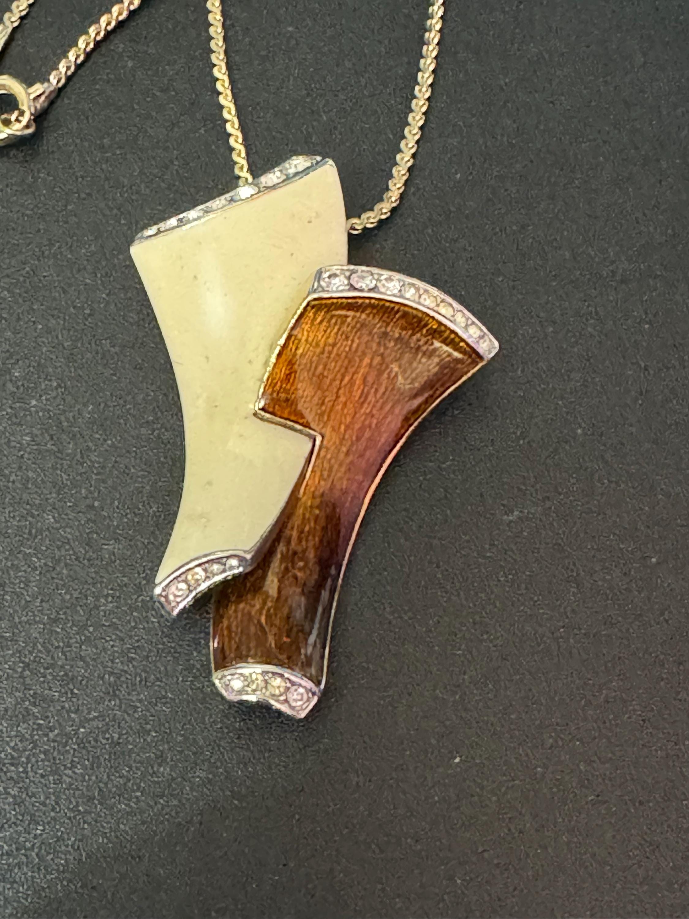 Signed A&S Attwood and Sawyer designer cream and brown enamel rhinestone clear crystal paste set pendant necklace gold tone