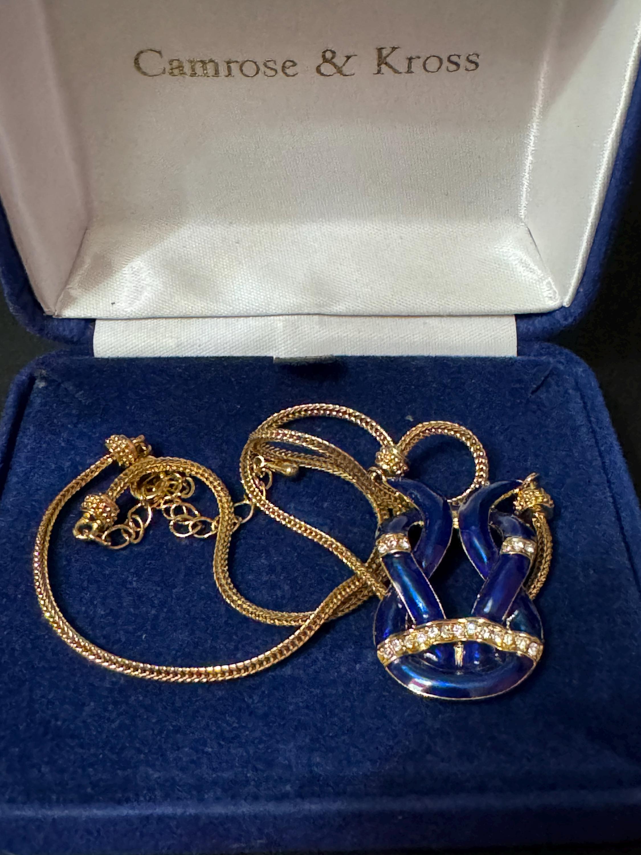 Designer Camrose and kross JBK high end blue enamel and clear rhinestone ornate knot pendant necklace Jacqueline bouvier Kennedy design