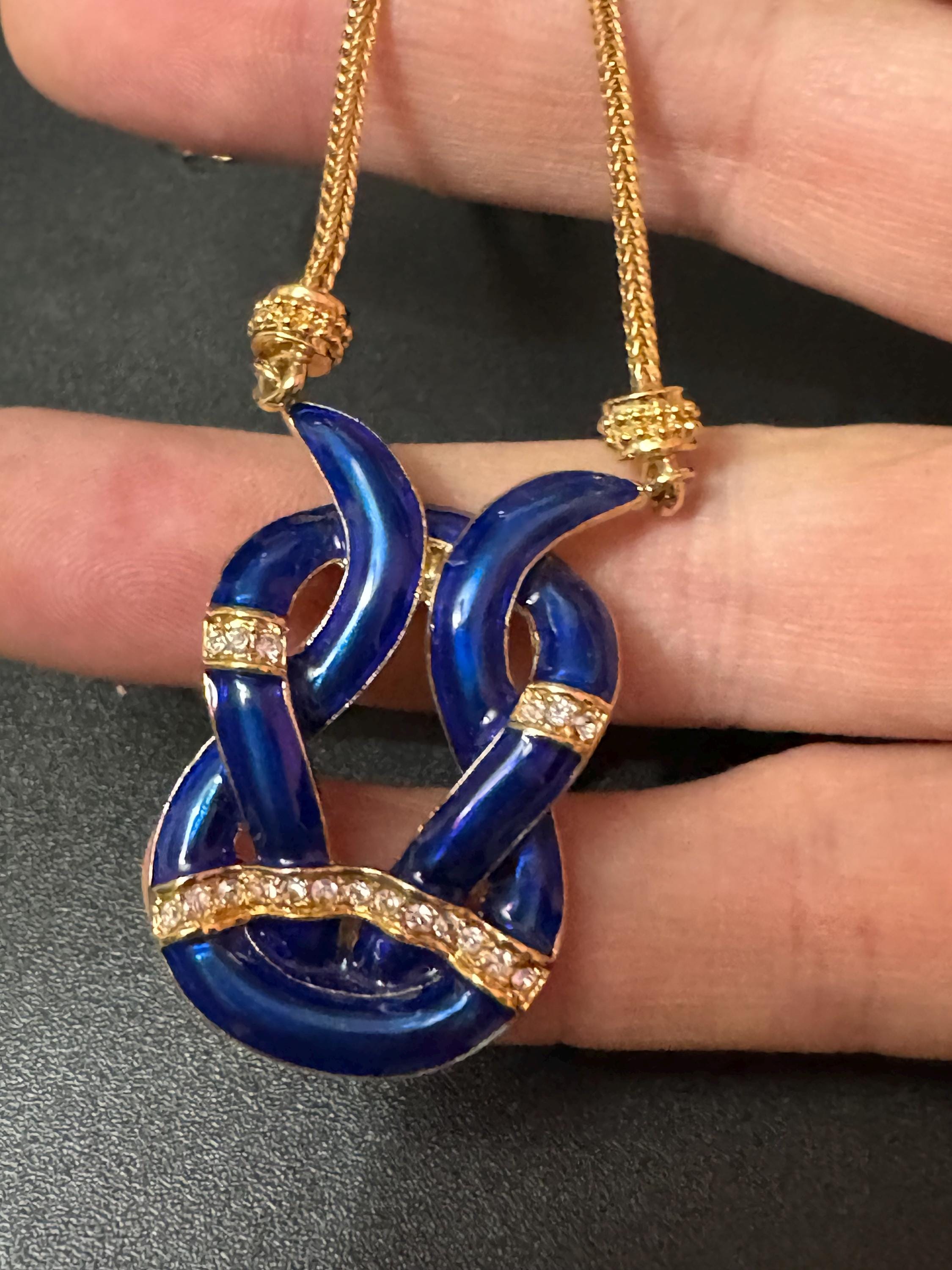Designer Camrose and kross JBK high end blue enamel and clear rhinestone ornate knot pendant necklace Jacqueline bouvier Kennedy design