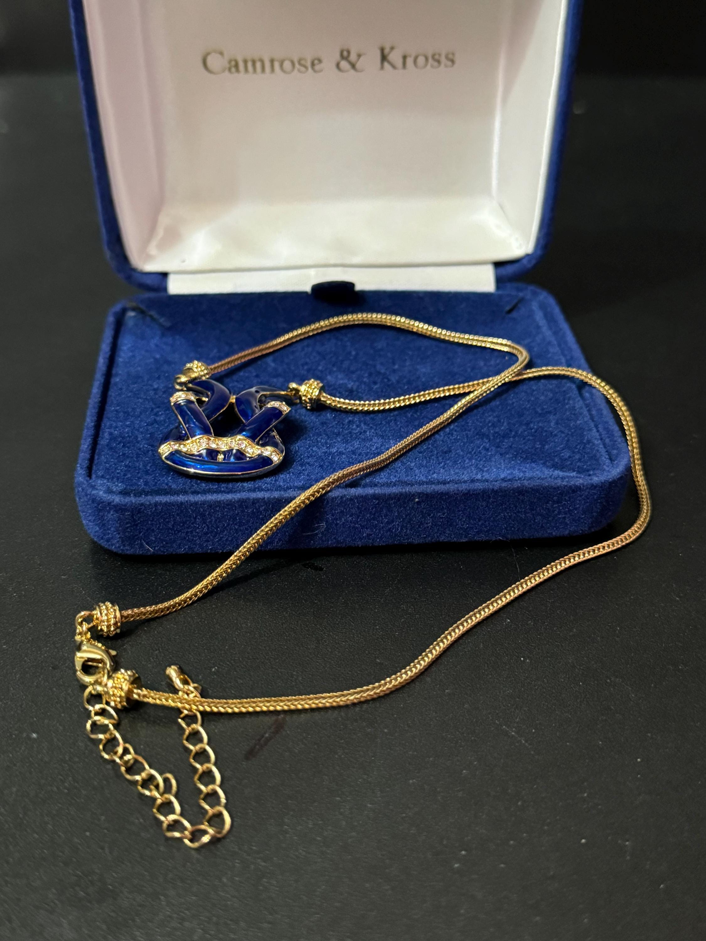 Designer Camrose and kross JBK high end blue enamel and clear rhinestone ornate knot pendant necklace Jacqueline bouvier Kennedy design