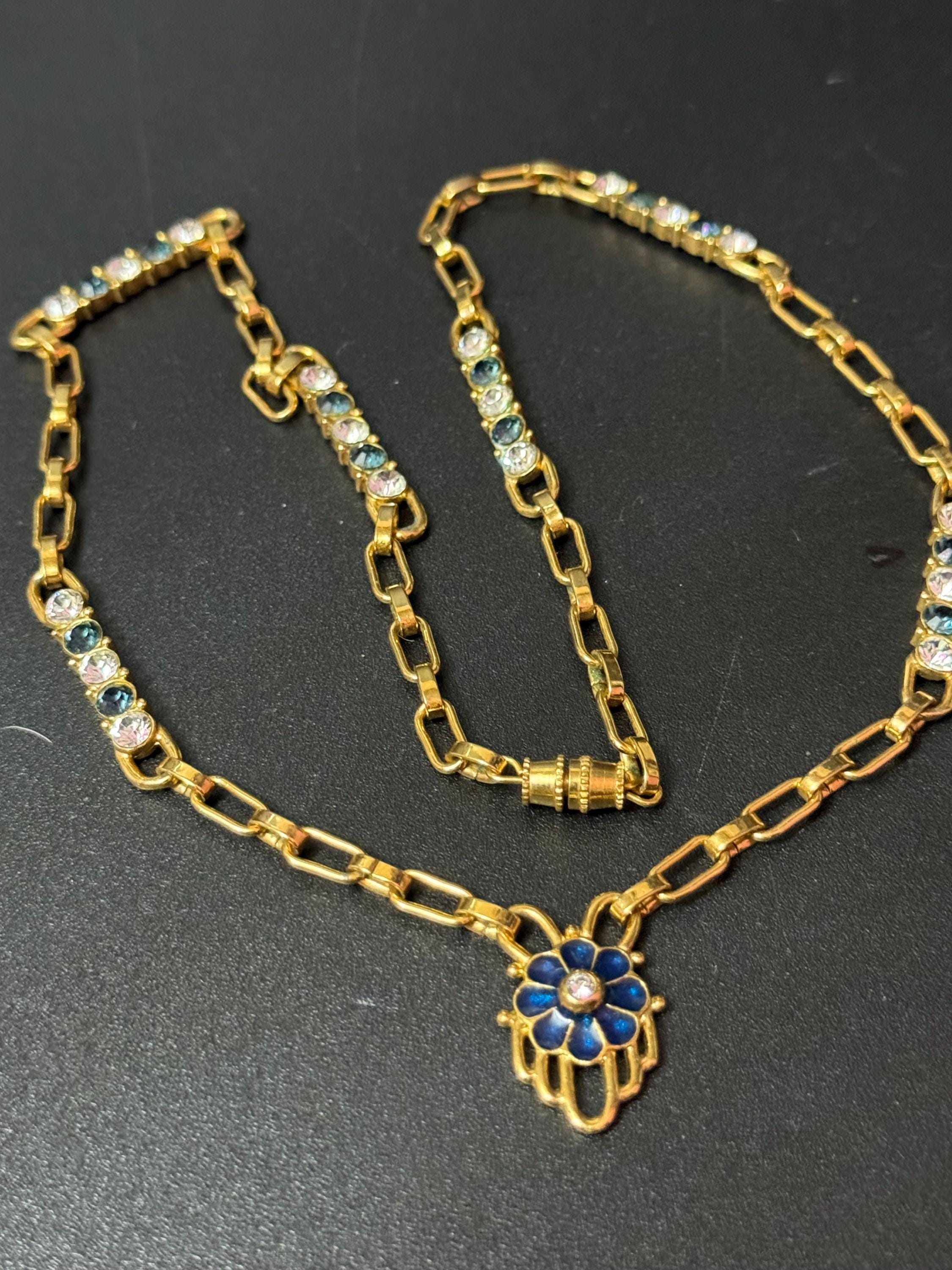 Designer Camrose and kross JBK high end blue and clear rhinestone ornate station link 50cm chain necklace Jacqueline bouvier Kennedy design