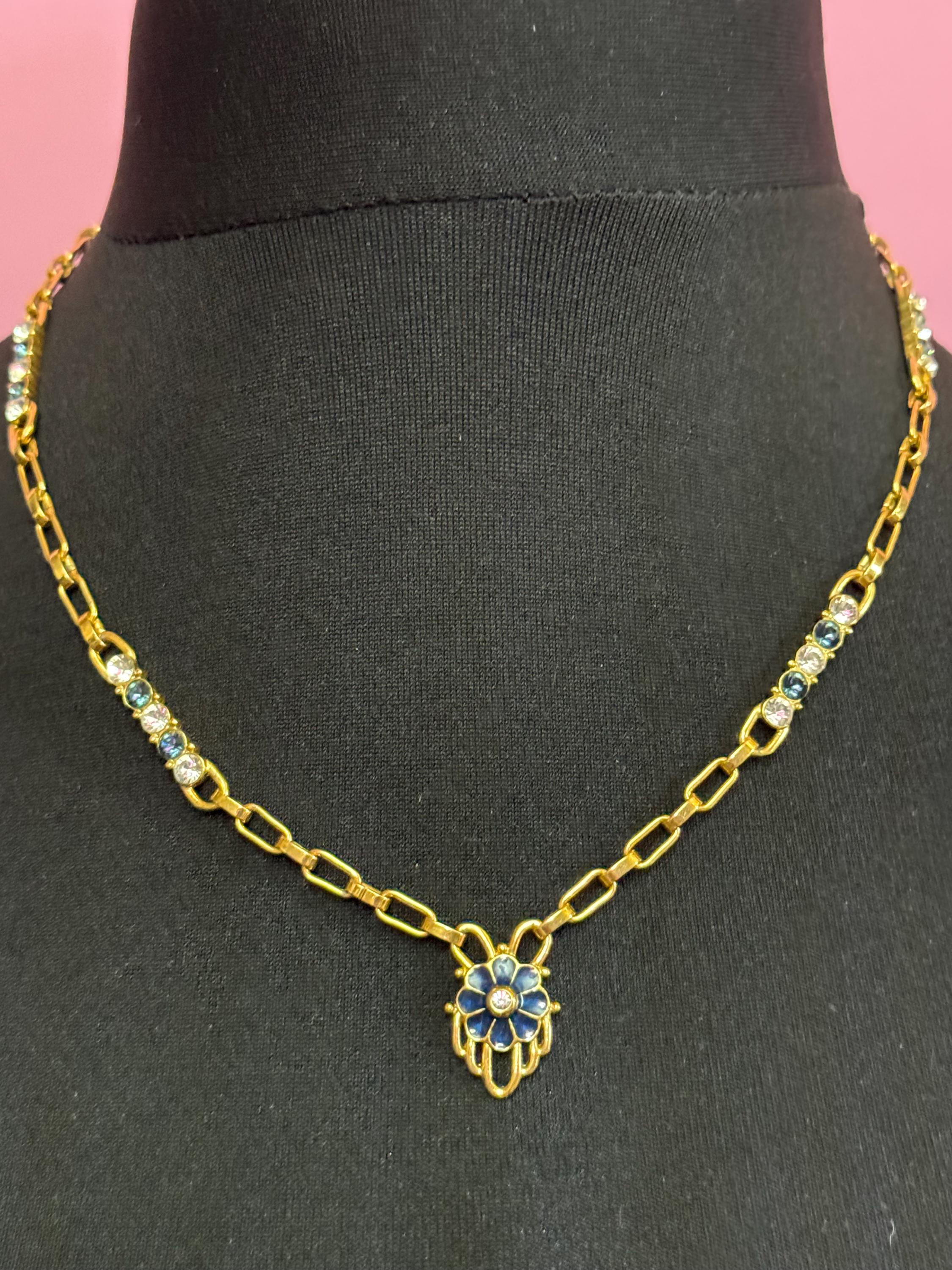 Designer Camrose and kross JBK high end blue and clear rhinestone ornate station link 50cm chain necklace Jacqueline bouvier Kennedy design