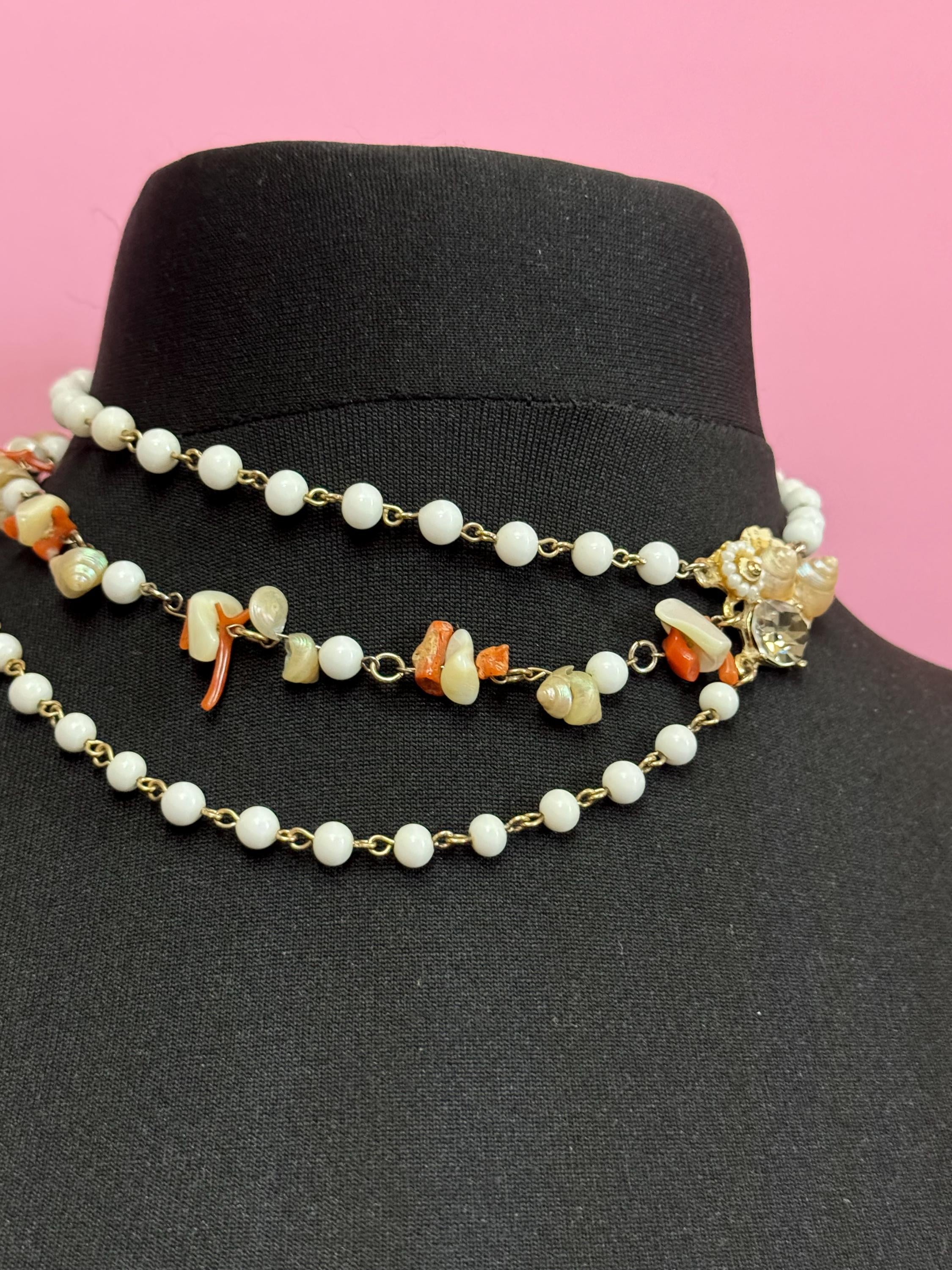 Signed ART Arthur Pepper Vintage white glass bead natural coral and shell seashell beaded necklace to 41cm