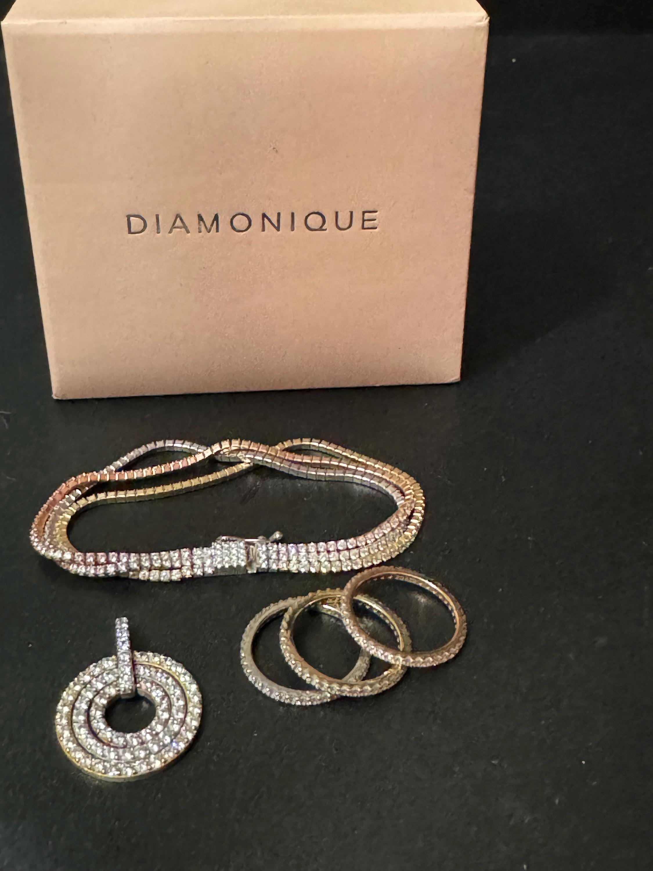 Retro Diamonique jewellery set tricolour bracelet pendant and stacking rings rose gold 925 sterling silver