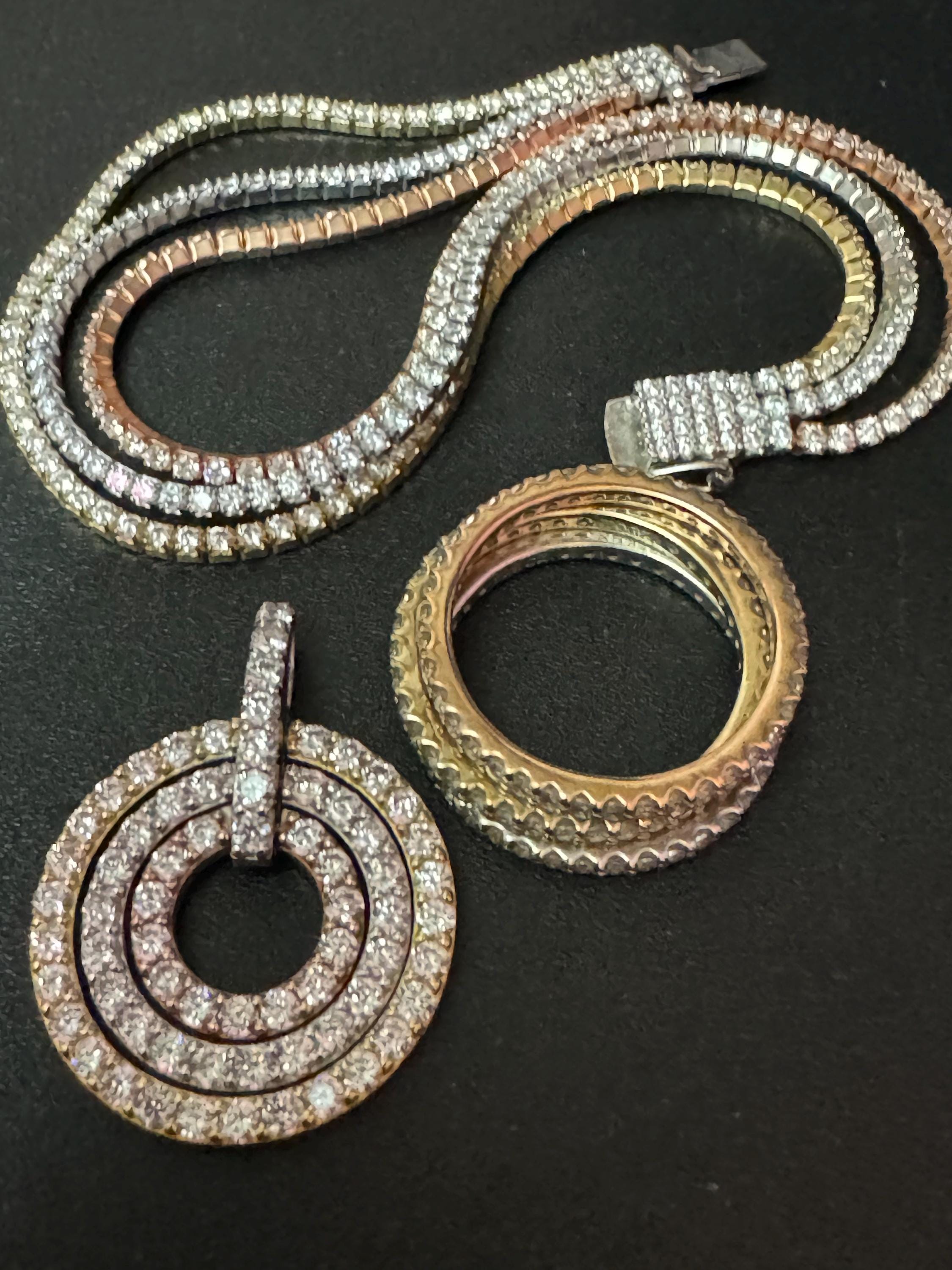 Retro Diamonique jewellery set tricolour bracelet pendant and stacking rings rose gold 925 sterling silver