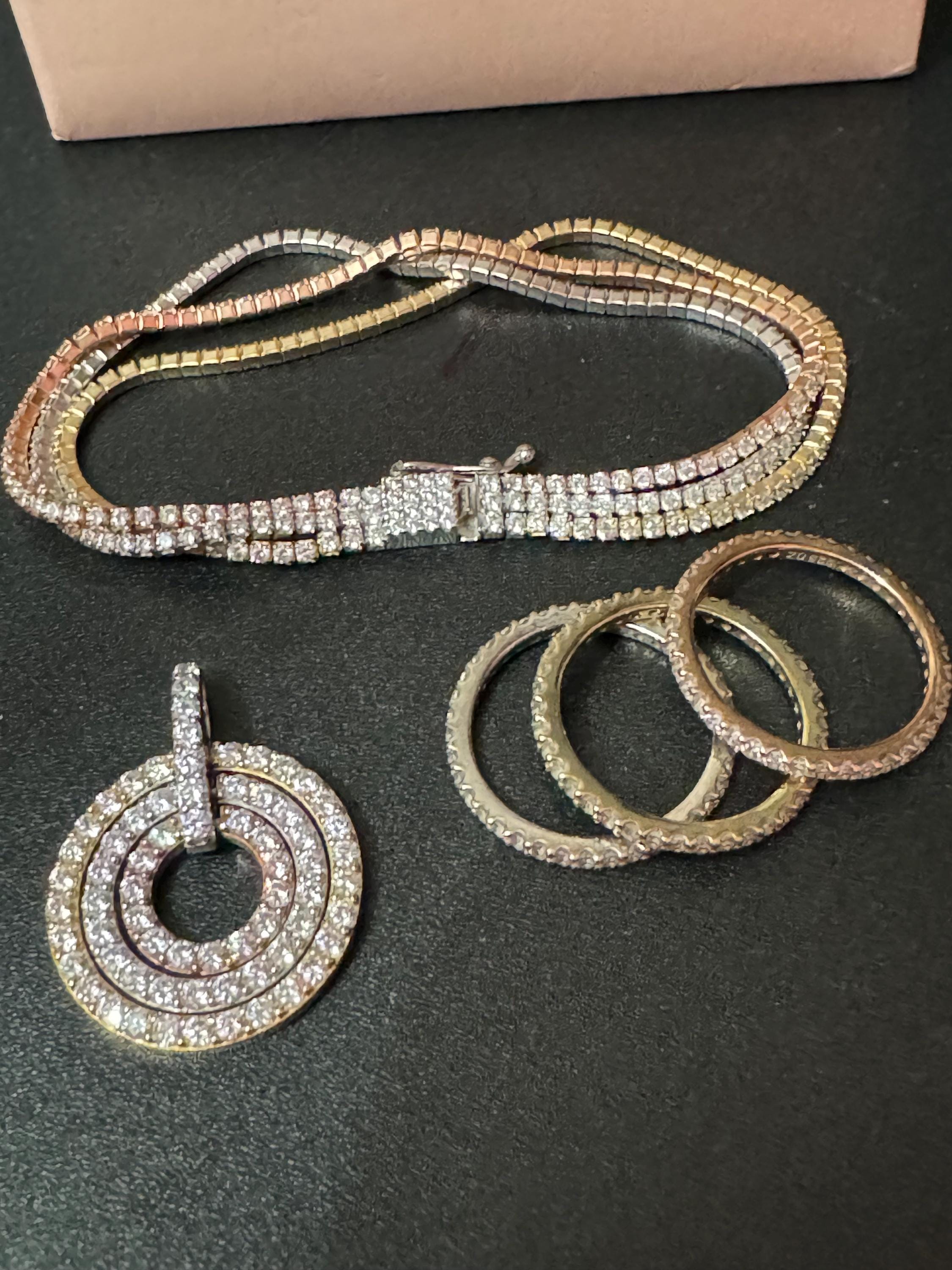 Retro Diamonique jewellery set tricolour bracelet pendant and stacking rings rose gold 925 sterling silver