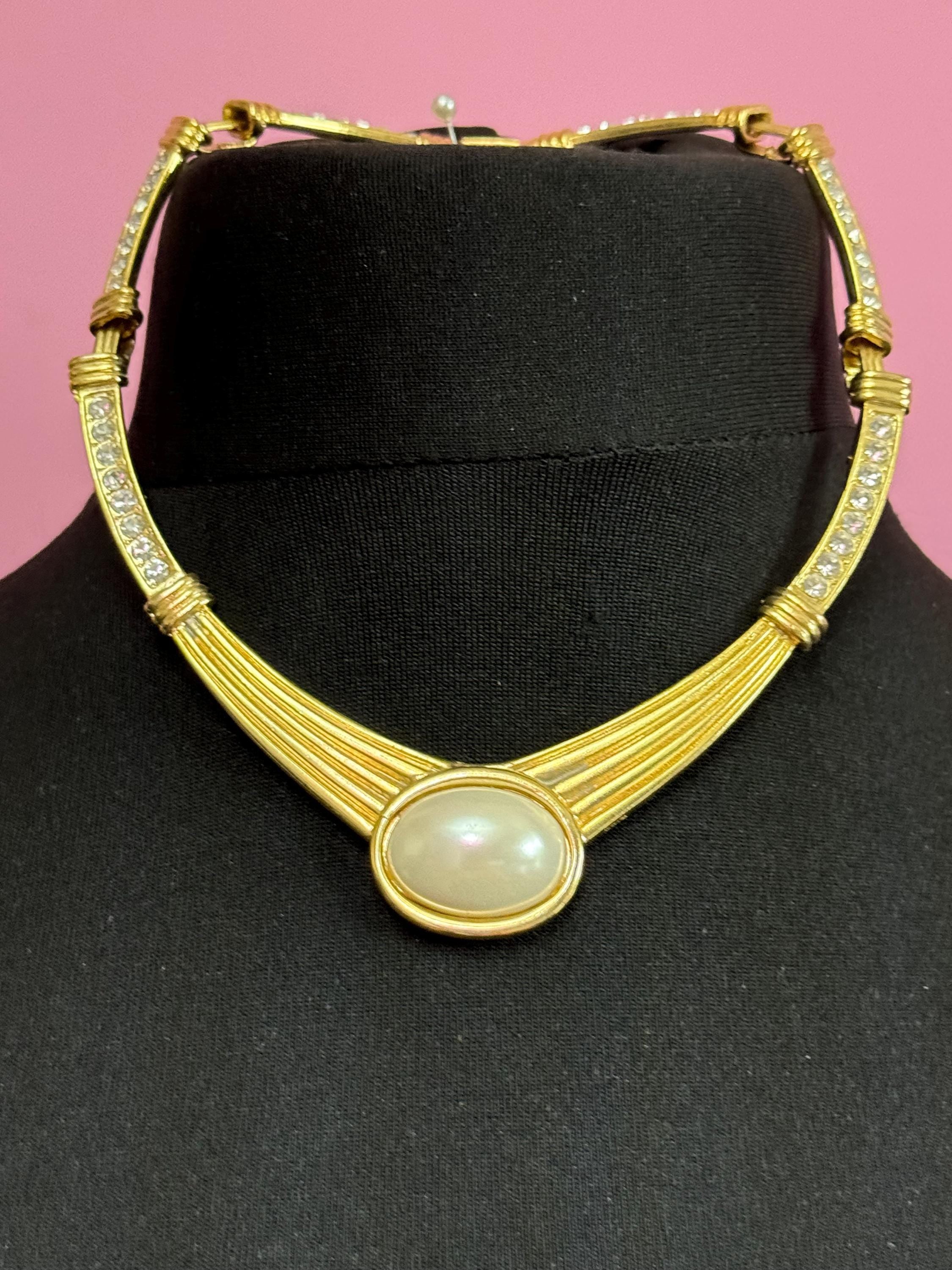 80s Retro Gold Tone Pearl Cabochon Diamanté Choker Necklace