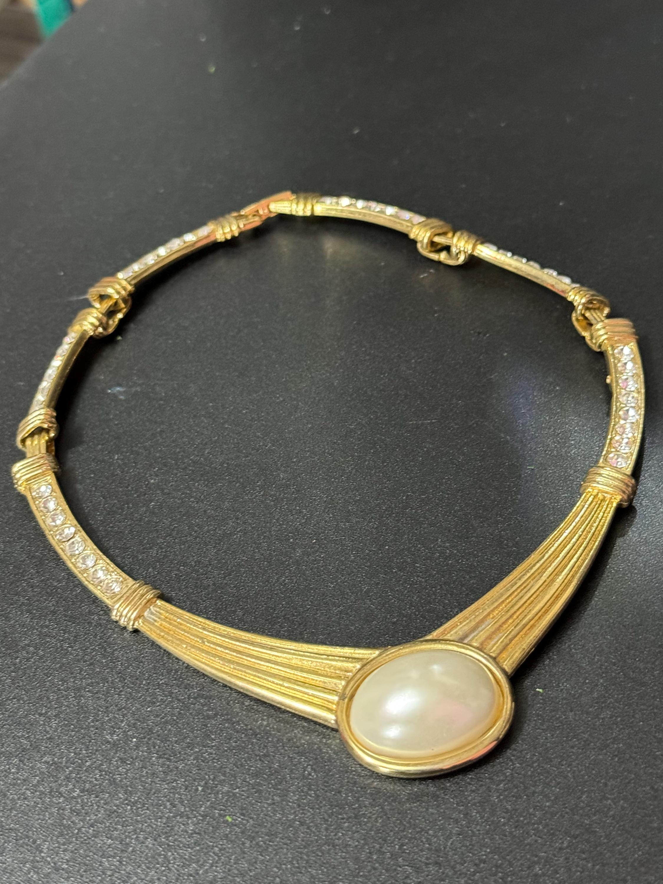 80s Retro Gold Tone Pearl Cabochon Diamanté Choker Necklace