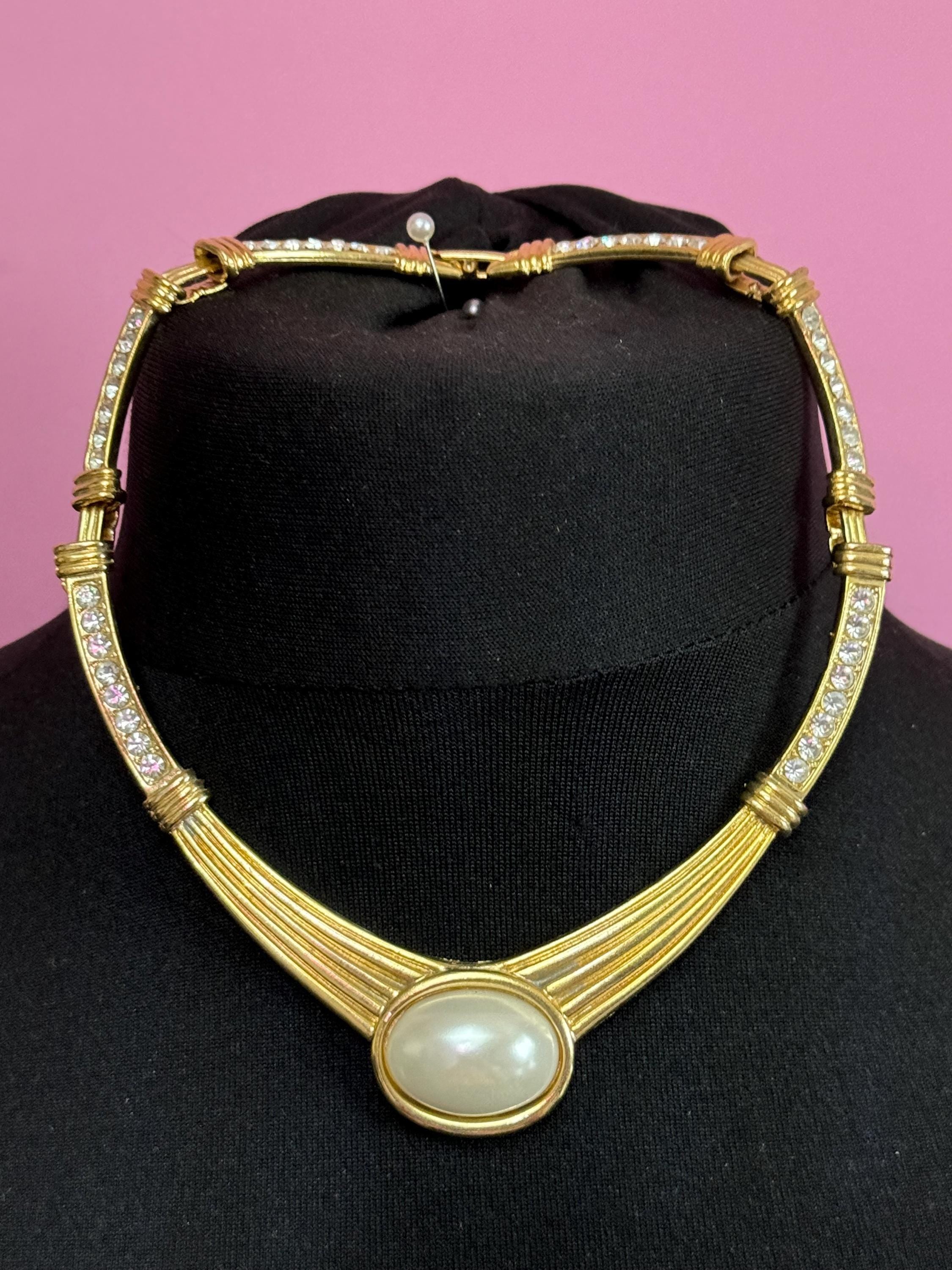 80s Retro Gold Tone Pearl Cabochon Diamanté Choker Necklace