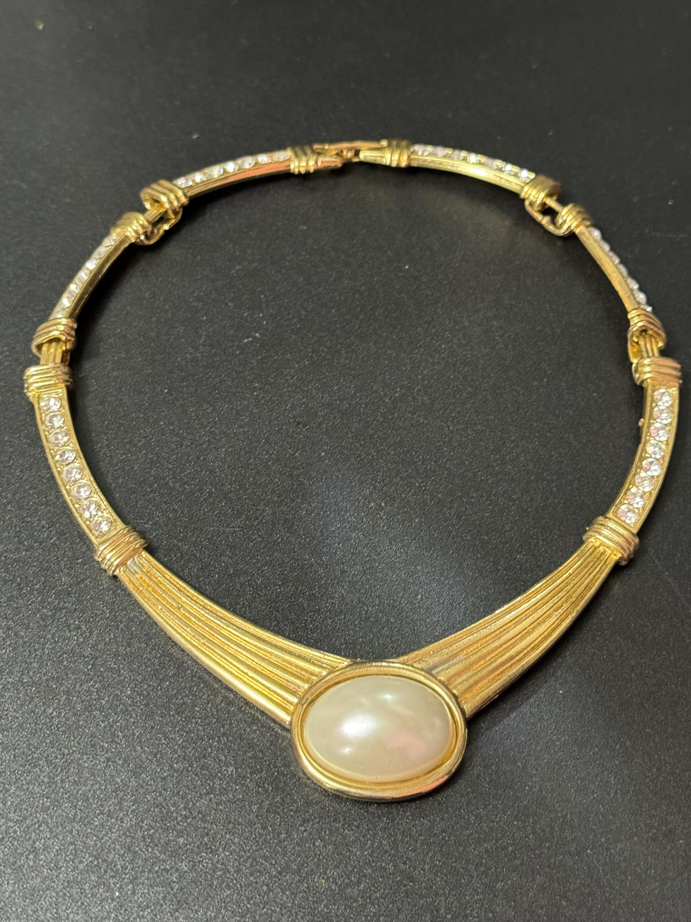 80s Retro Gold Tone Pearl Cabochon Diamanté Choker Necklace