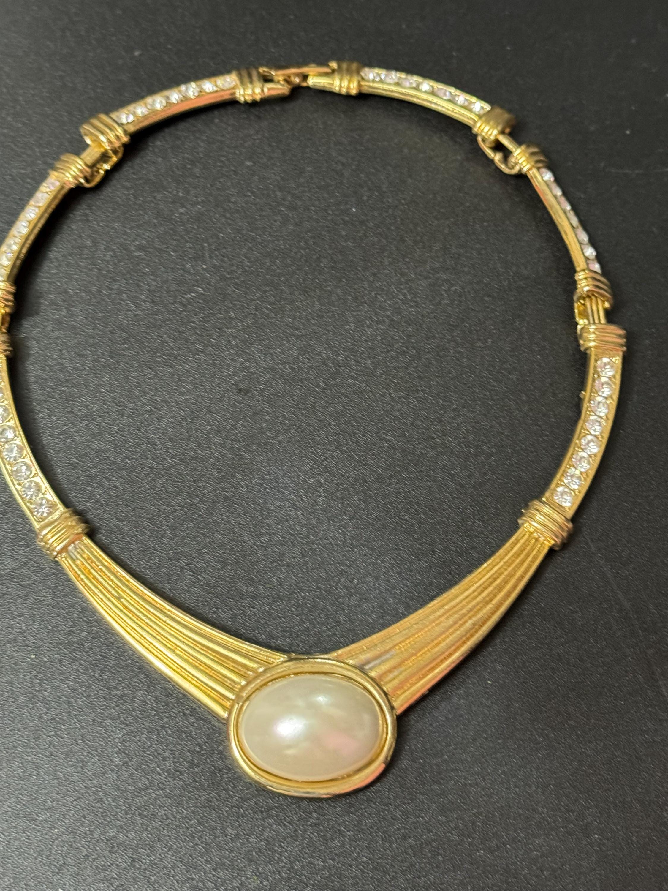 80s Retro Gold Tone Pearl Cabochon Diamanté Choker Necklace