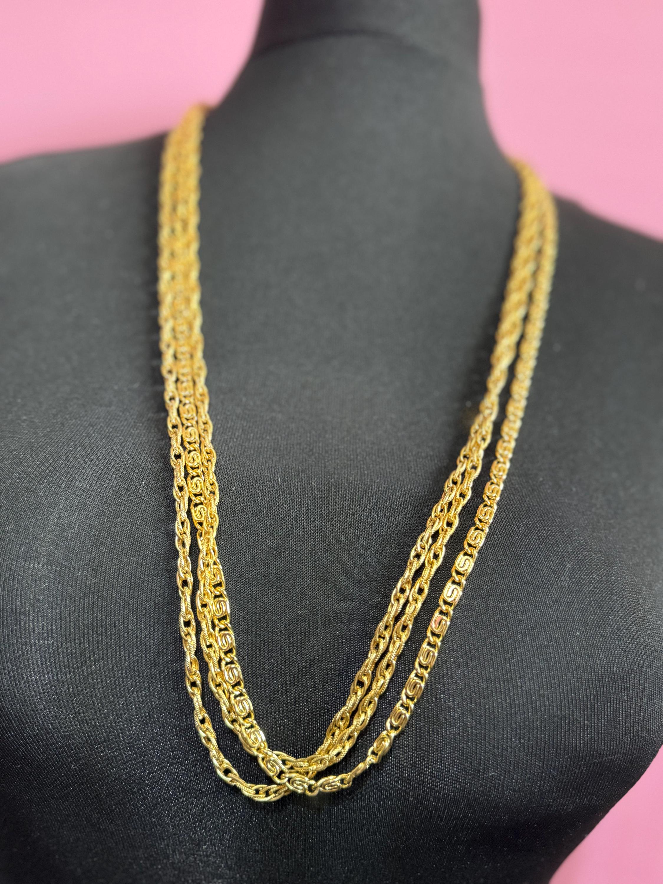 True Vintage gold tone wide scroll link multi strand 3 row waterfall layering long chain long necklace 80-87cm 1970s