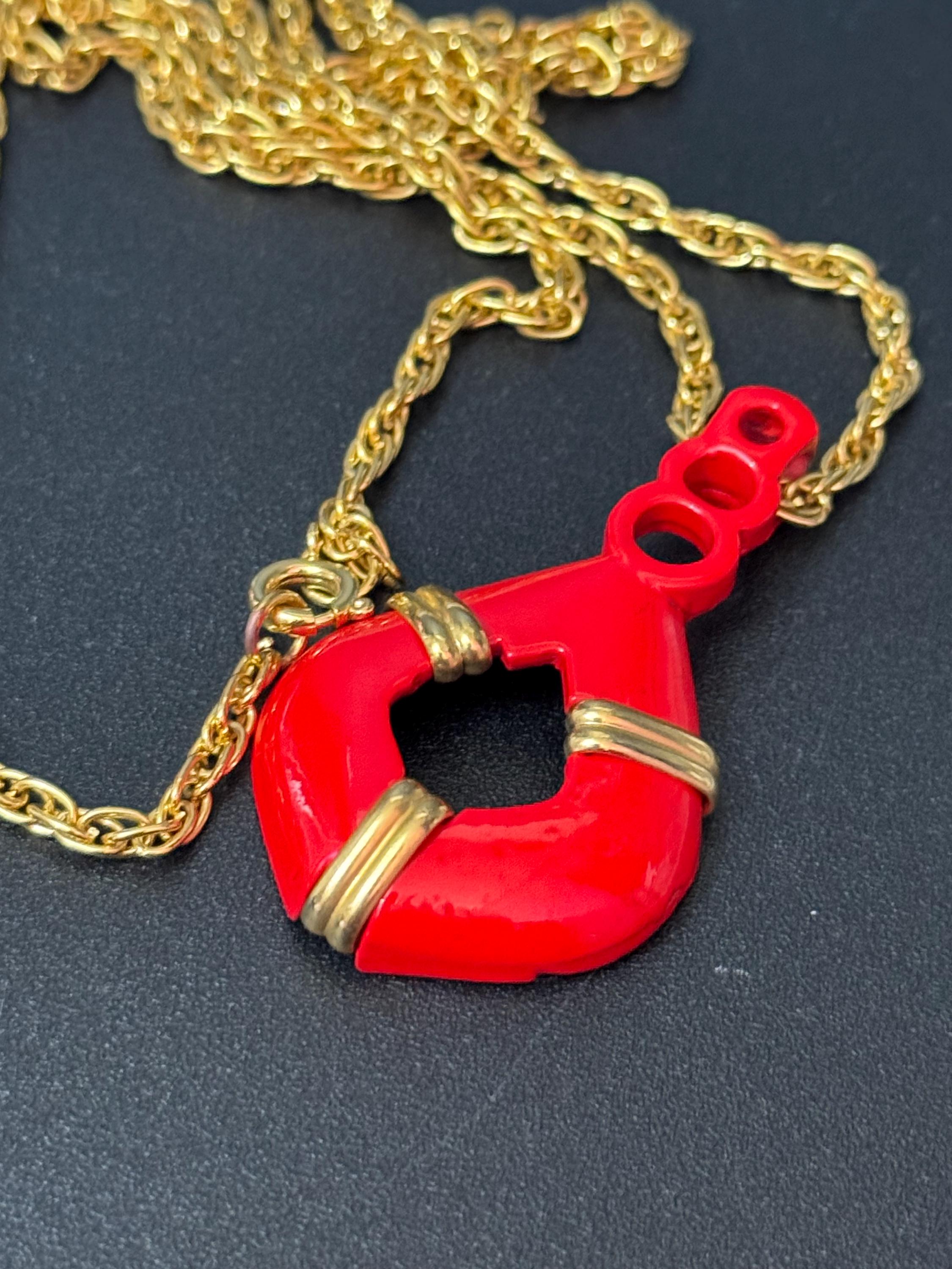 True Vintage bright red enamel nautical pendant necklace on 62cm gold plated rope chain ideal layering necklace old shop stock
