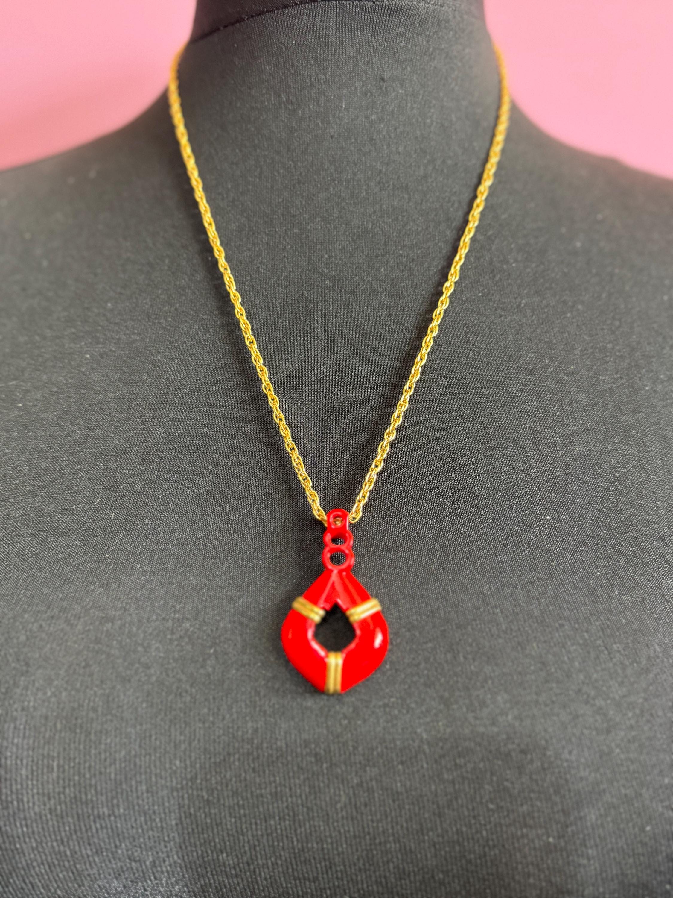True Vintage bright red enamel nautical pendant necklace on 62cm gold plated rope chain ideal layering necklace old shop stock