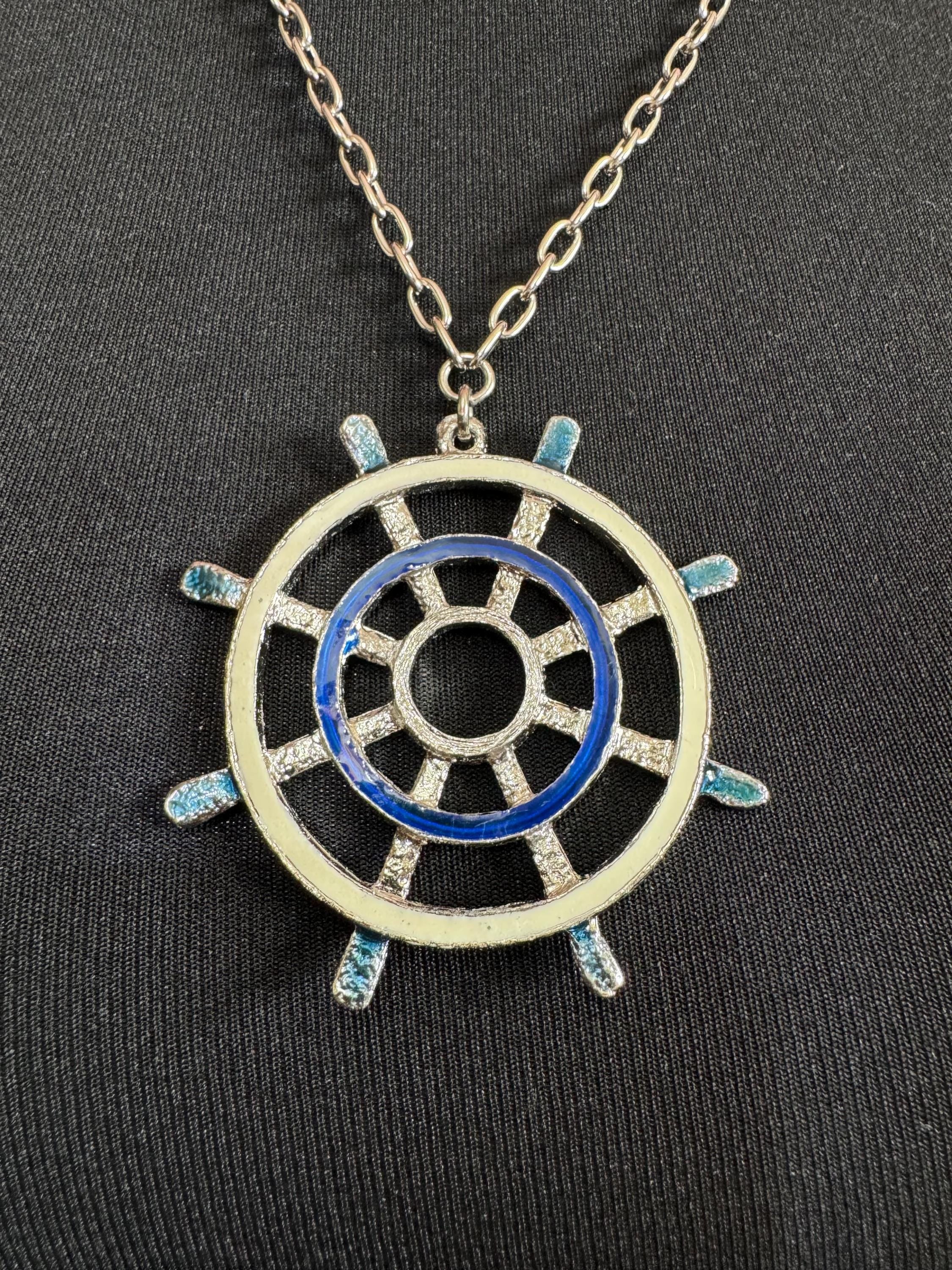 True Vintage navy blue and cream ships wheel nautical pendant necklace on 60cm silver tone cable chain ideal layering necklace