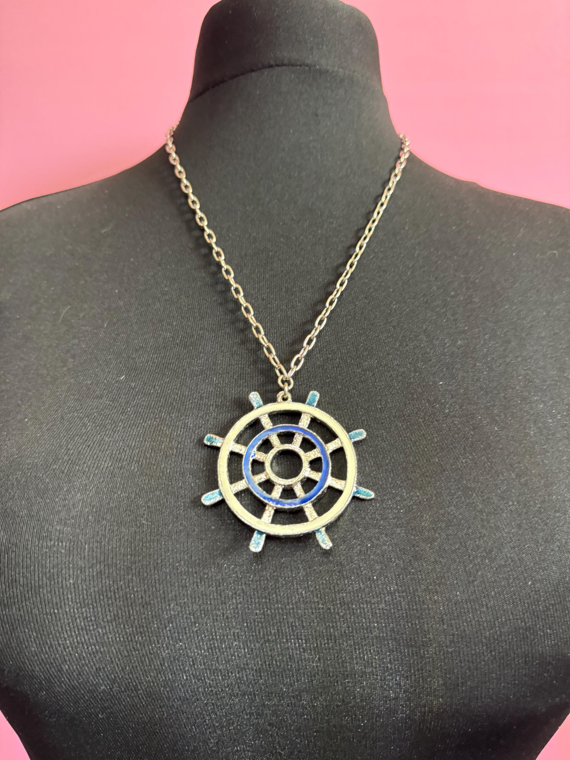 True Vintage navy blue and cream ships wheel nautical pendant necklace on 60cm silver tone cable chain ideal layering necklace