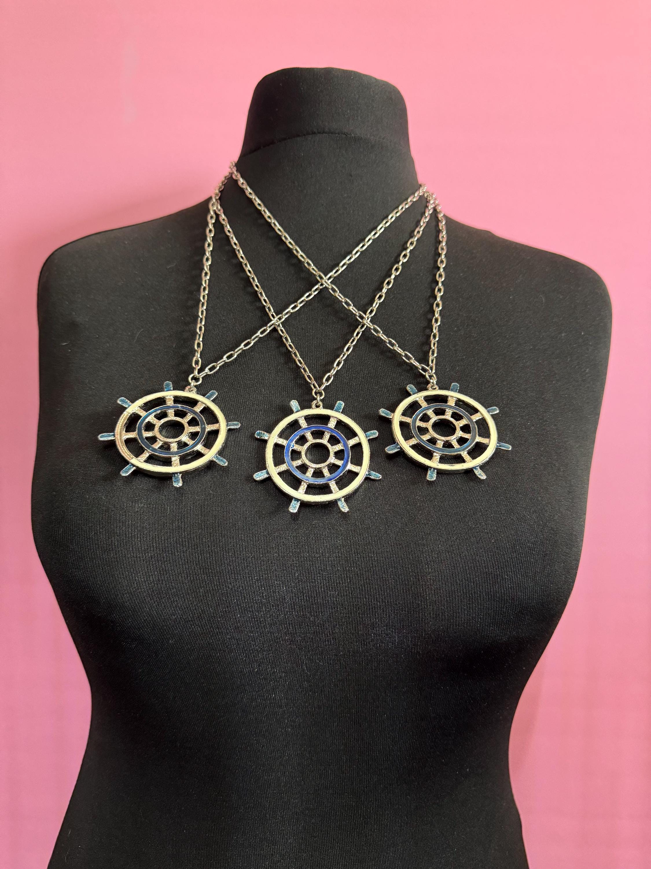 True Vintage navy blue and cream ships wheel nautical pendant necklace on 60cm silver tone cable chain ideal layering necklace