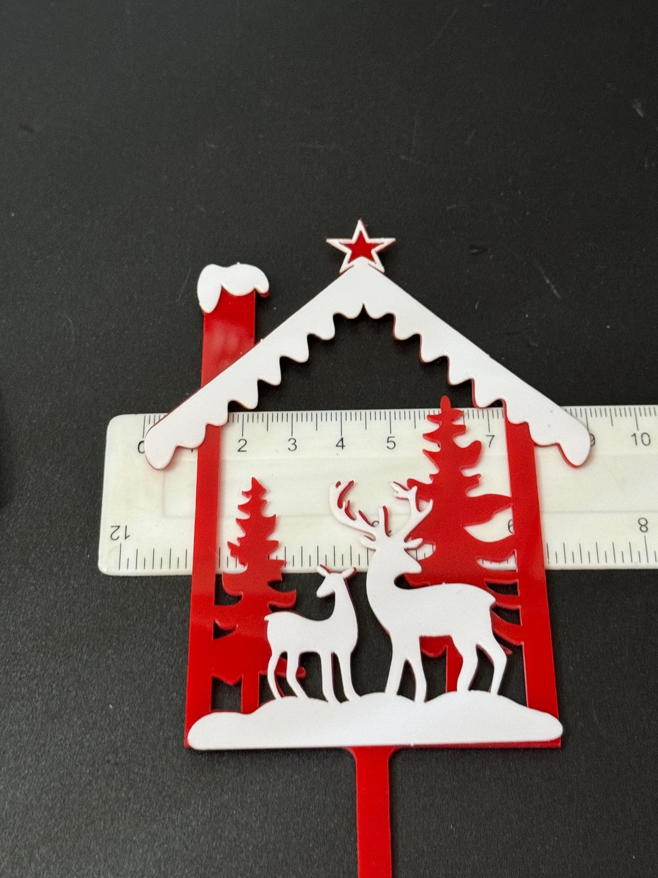 Decorate your own Red acrylic Nordic reindeer snow scene Christmas Cake Topper plastic reusable kit