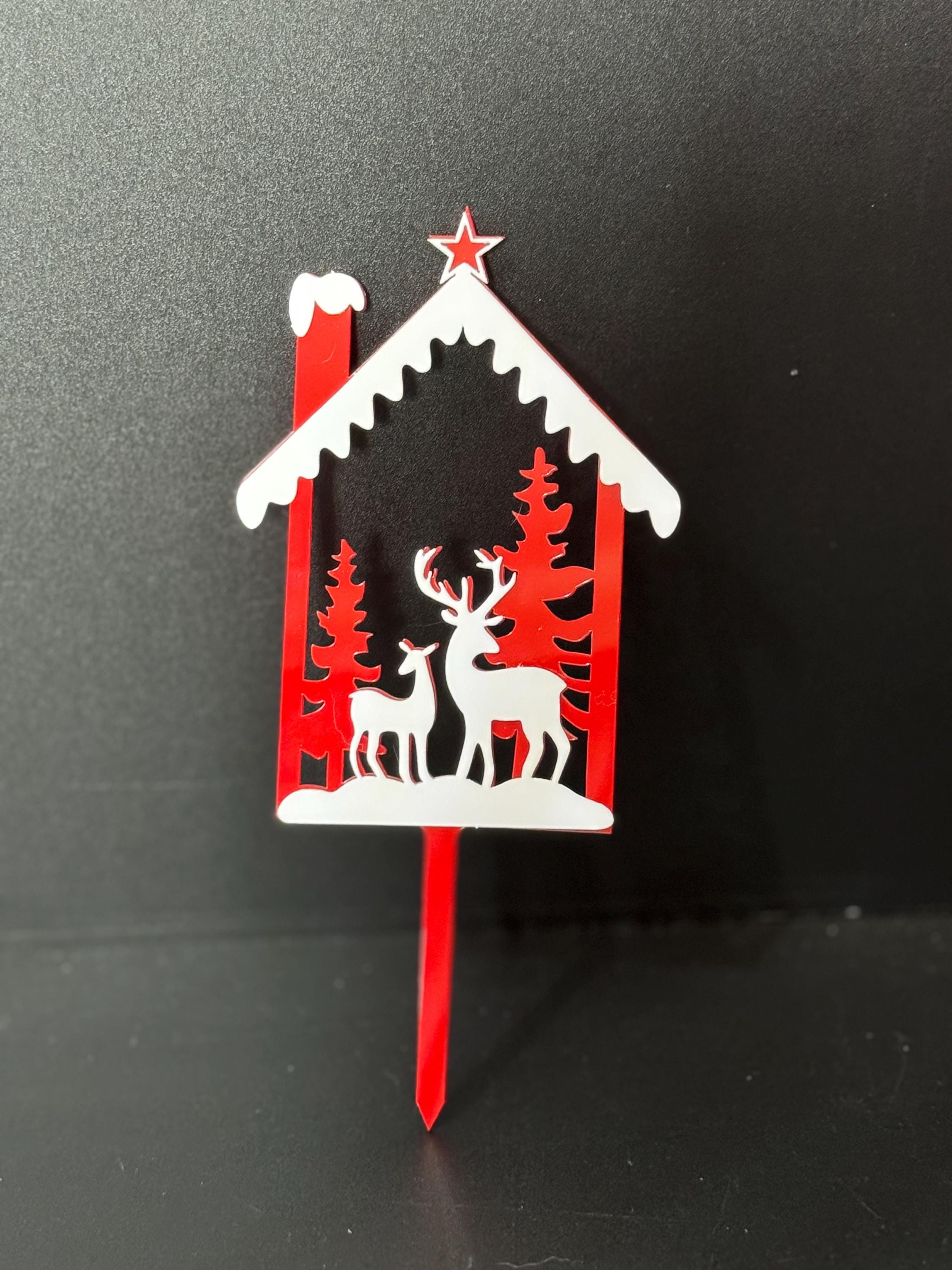 Decorate your own Red acrylic Nordic reindeer snow scene Christmas Cake Topper plastic reusable kit