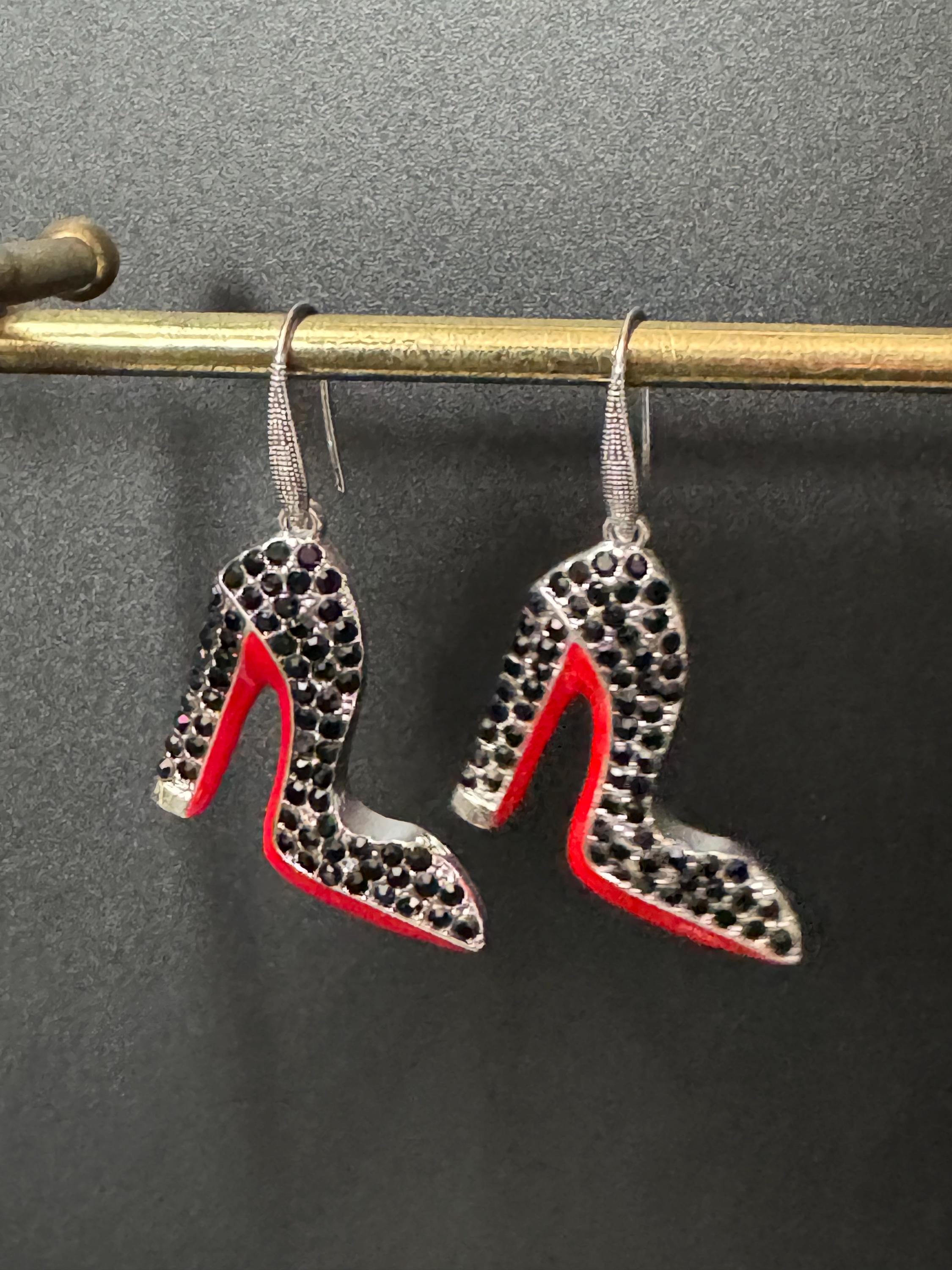 Diamanté Stiletto Shoe Earrings: Silver, Enamel Red Sole