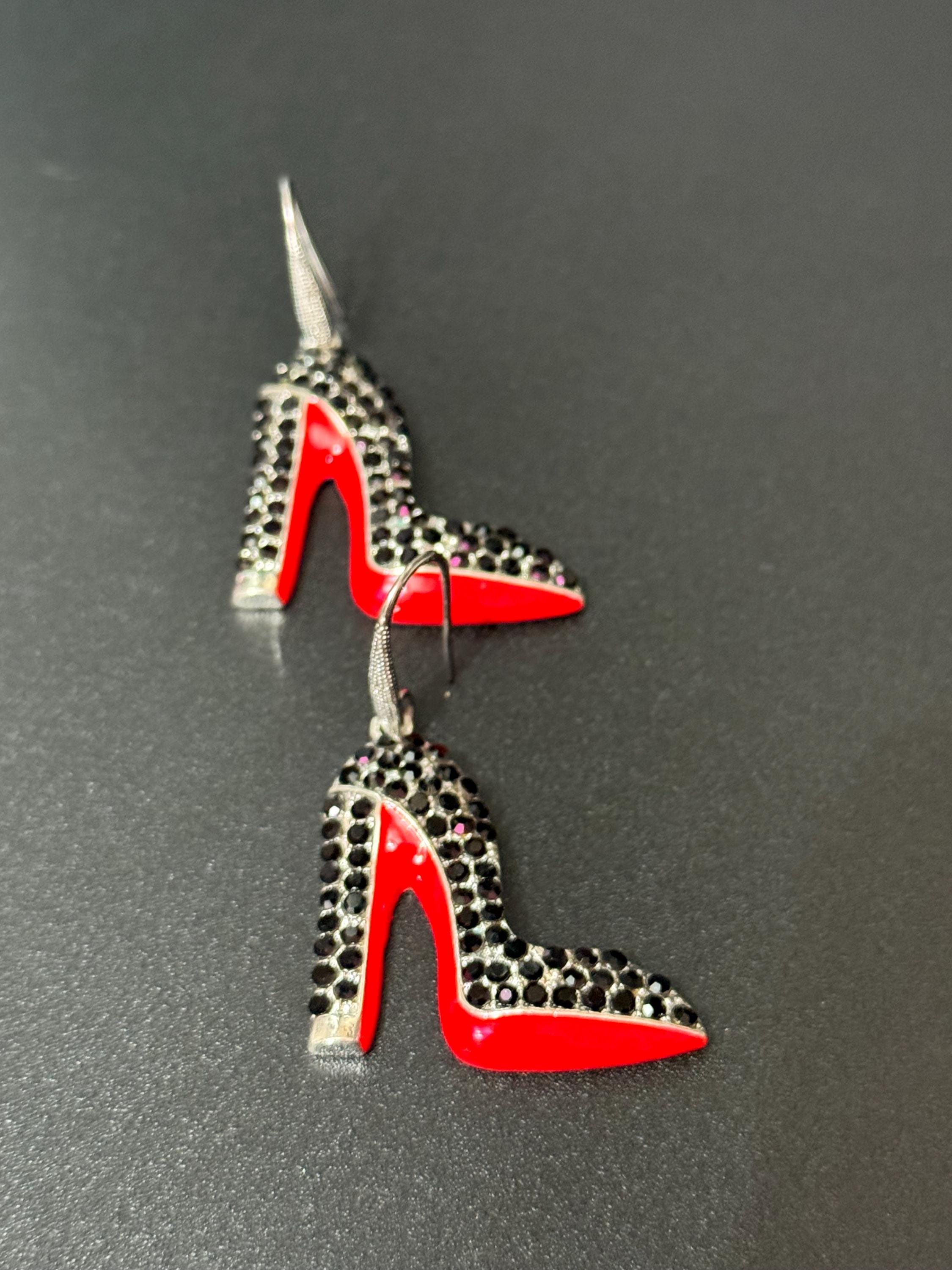 Diamanté Stiletto Shoe Earrings: Silver, Enamel Red Sole