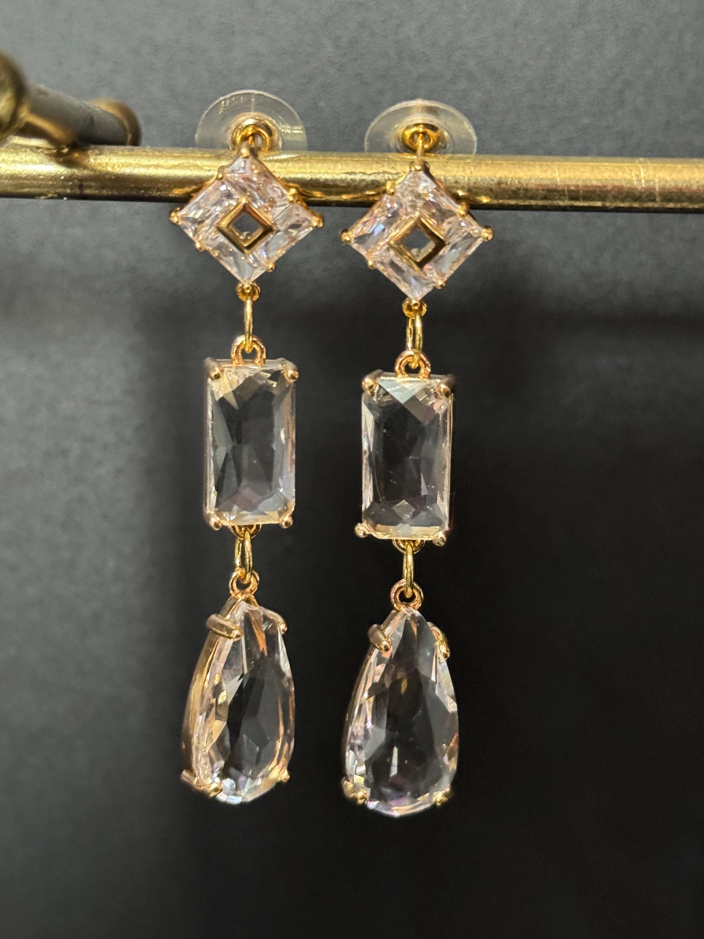 18k Gold plated crystal glass clear long teardrop earrings