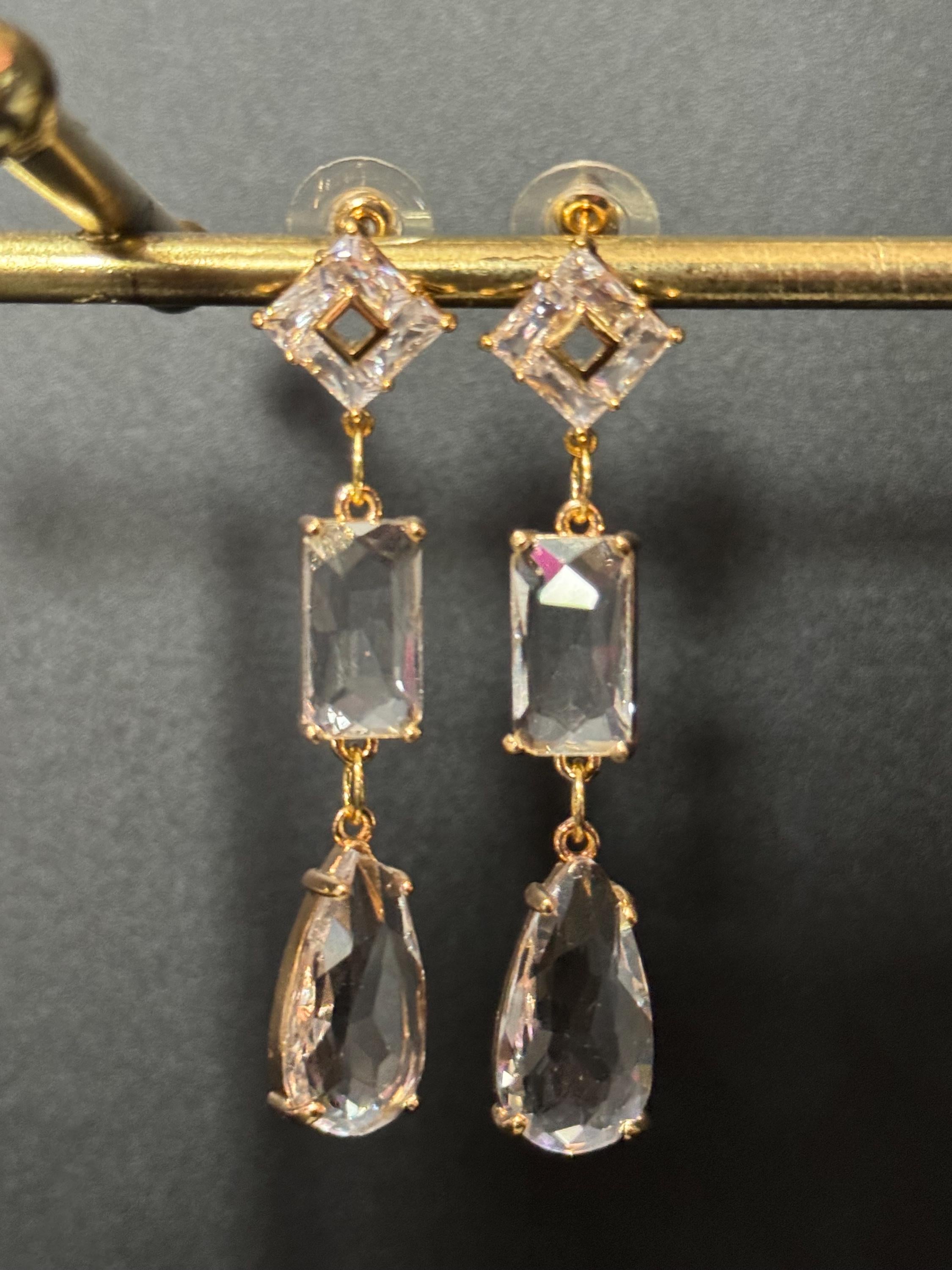 18k Gold plated crystal glass clear long teardrop earrings