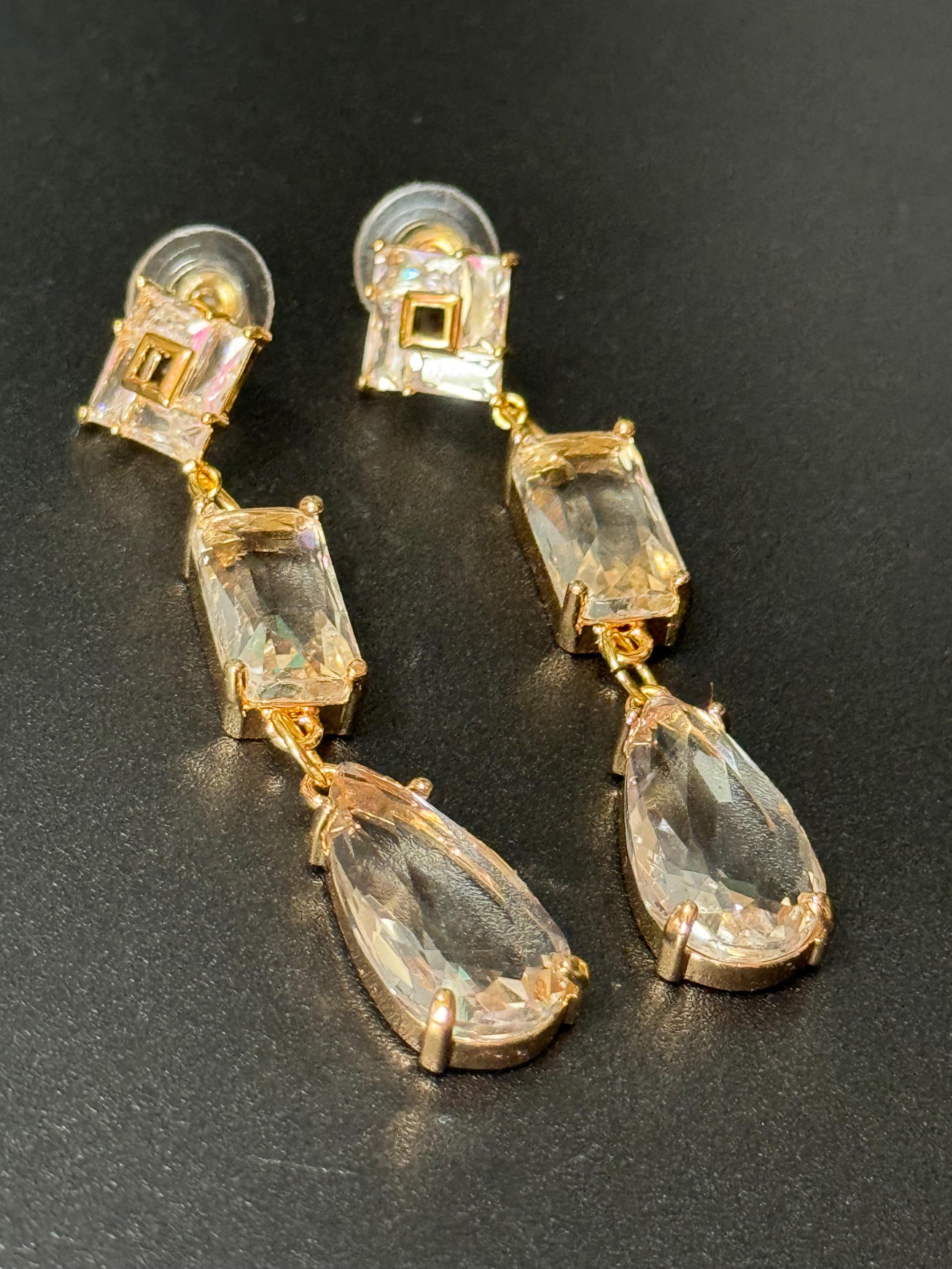 18k Gold plated crystal glass clear long teardrop earrings