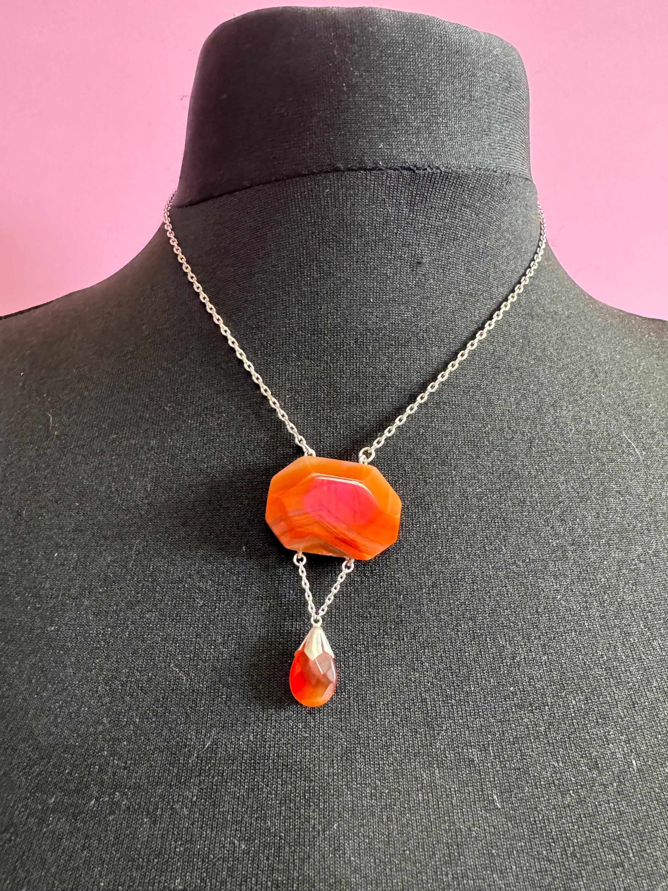 Sterling 925 silver Orange Agate Gemstone Dropper Necklace