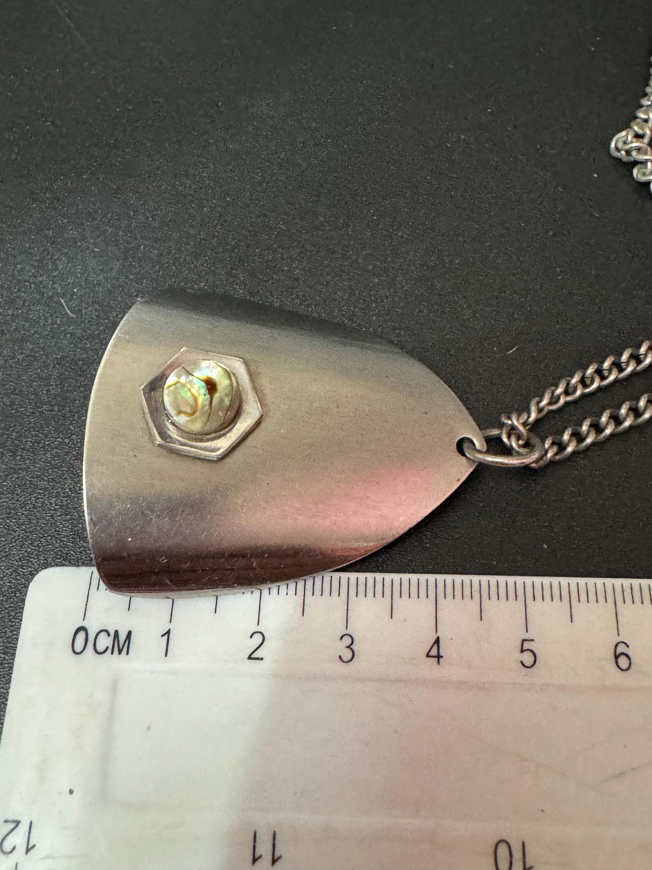 Vintage Modernist Stainless Steel Pendant Necklace: MOP Abalone Shell, 1960s Style