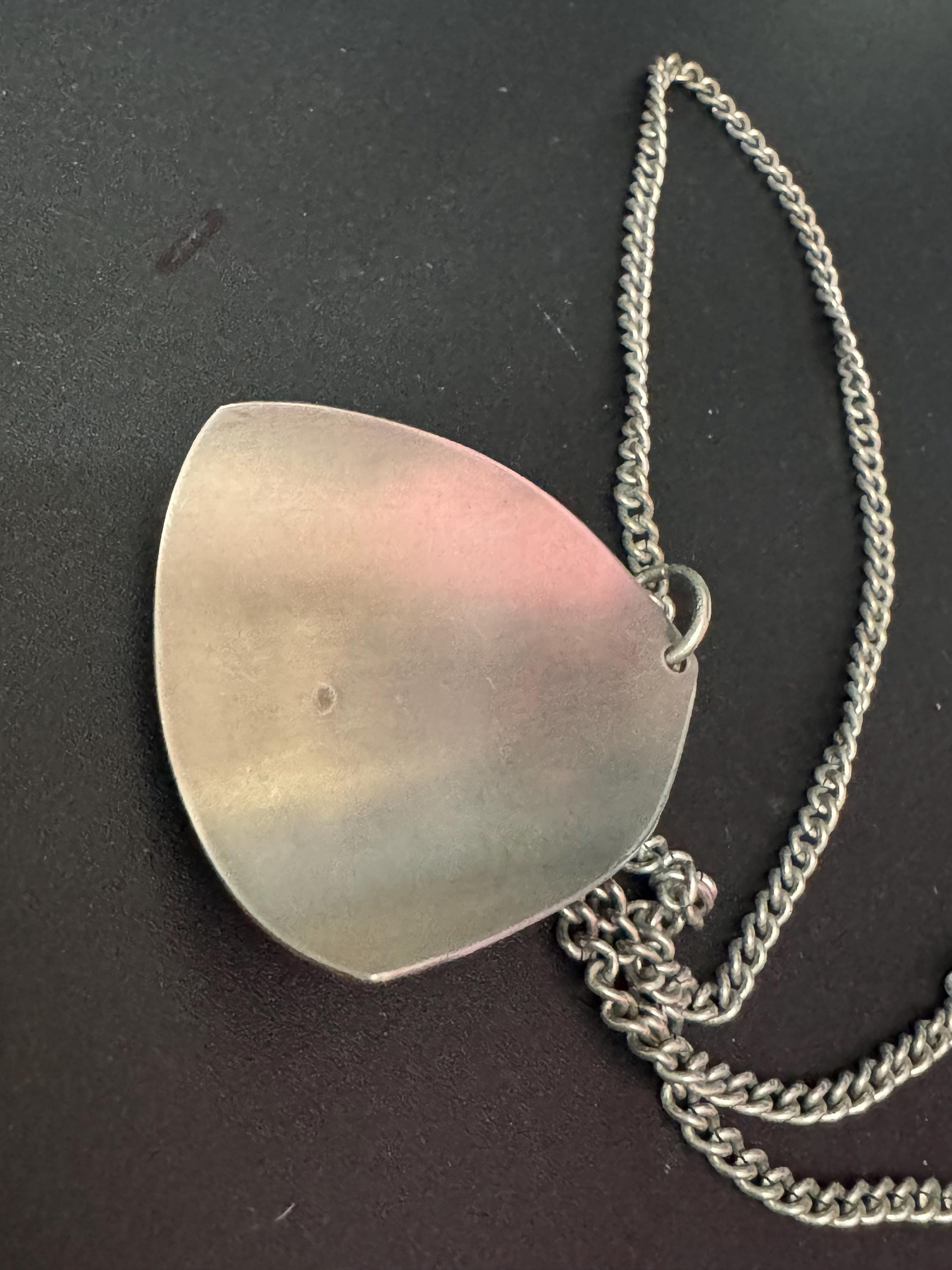 Vintage Modernist Stainless Steel Pendant Necklace: MOP Abalone Shell, 1960s Style