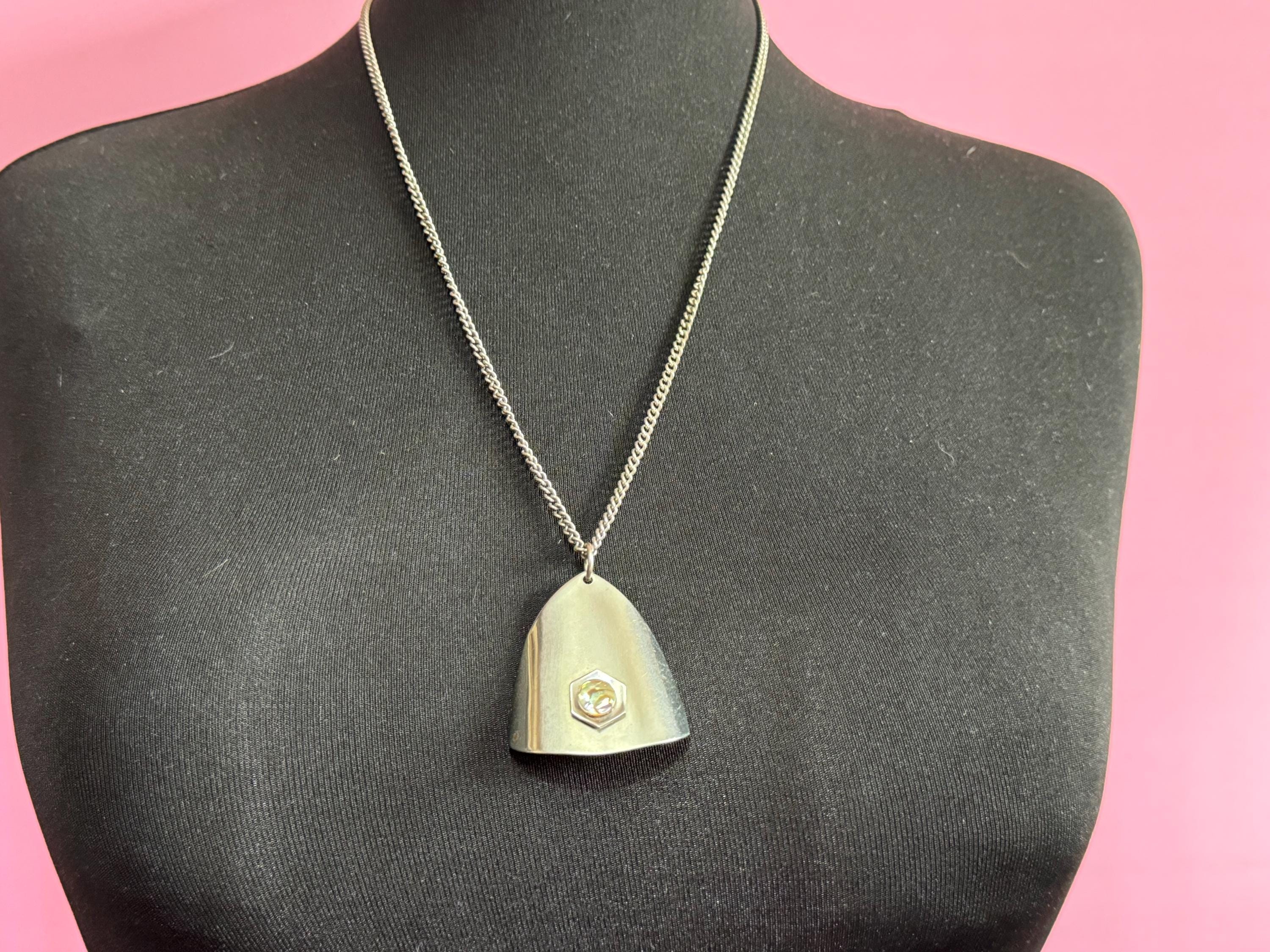Vintage Modernist Stainless Steel Pendant Necklace: MOP Abalone Shell, 1960s Style