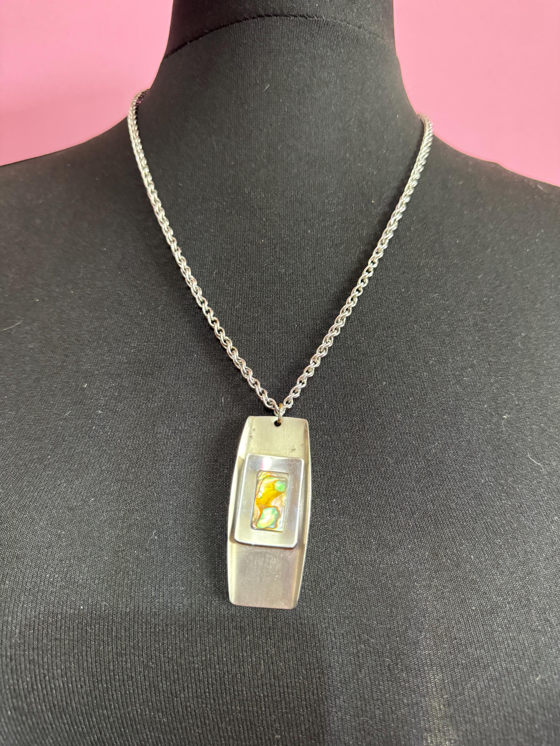 Vintage Modernist silver tone stainless Steel pendant necklace 60cm central MOP pearl abalone shell Mid Century 1960s 1970s