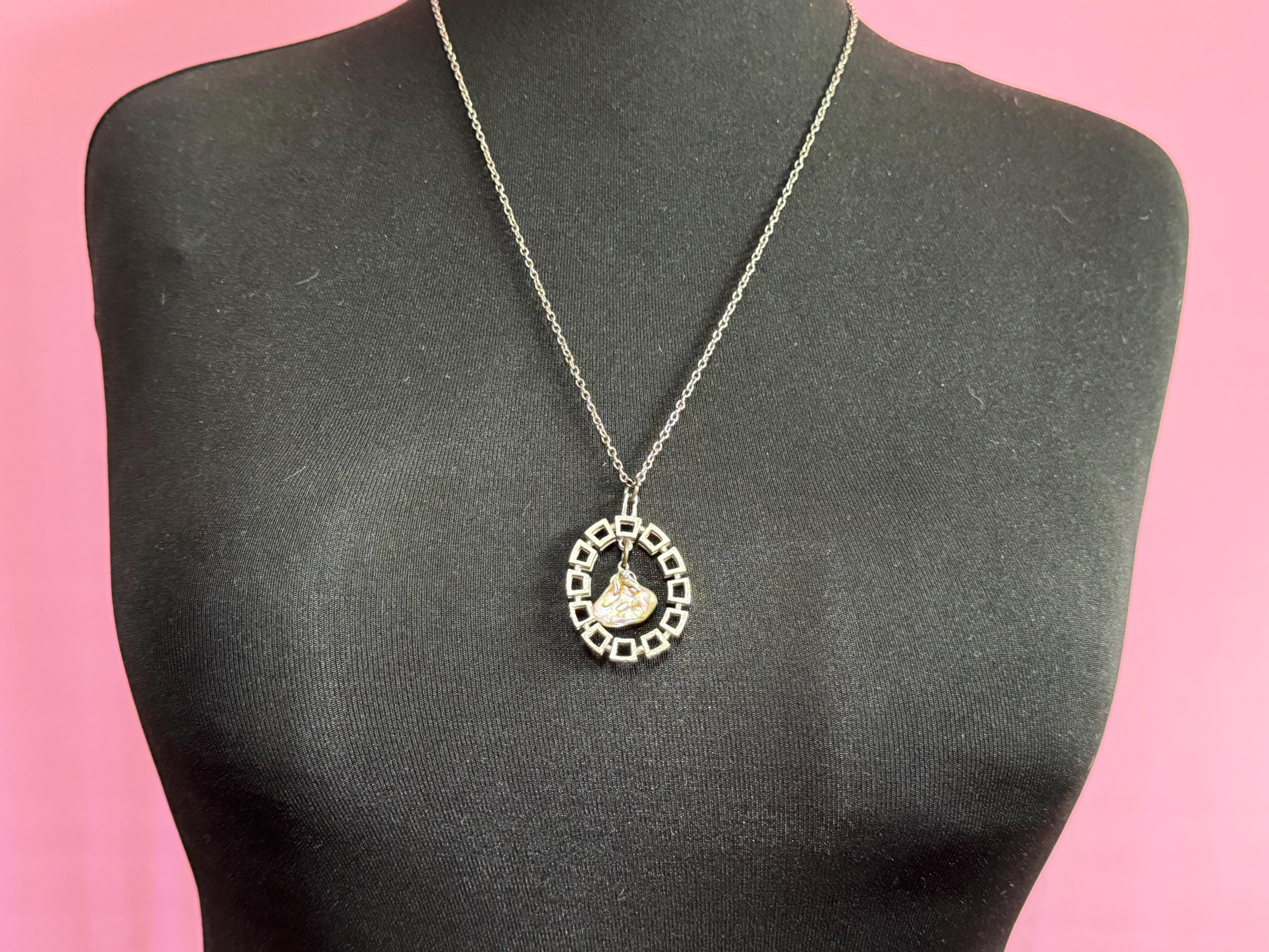 Vintage Modernist Steel Pendant Necklace: MOP Abalone Shell, 1960s Style