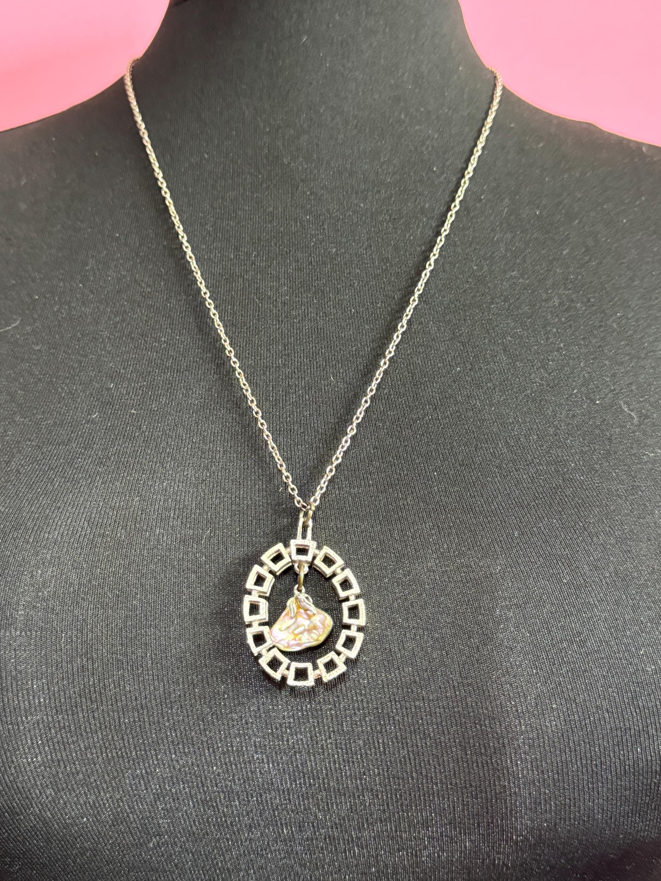 Vintage Modernist Steel Pendant Necklace: MOP Abalone Shell, 1960s Style