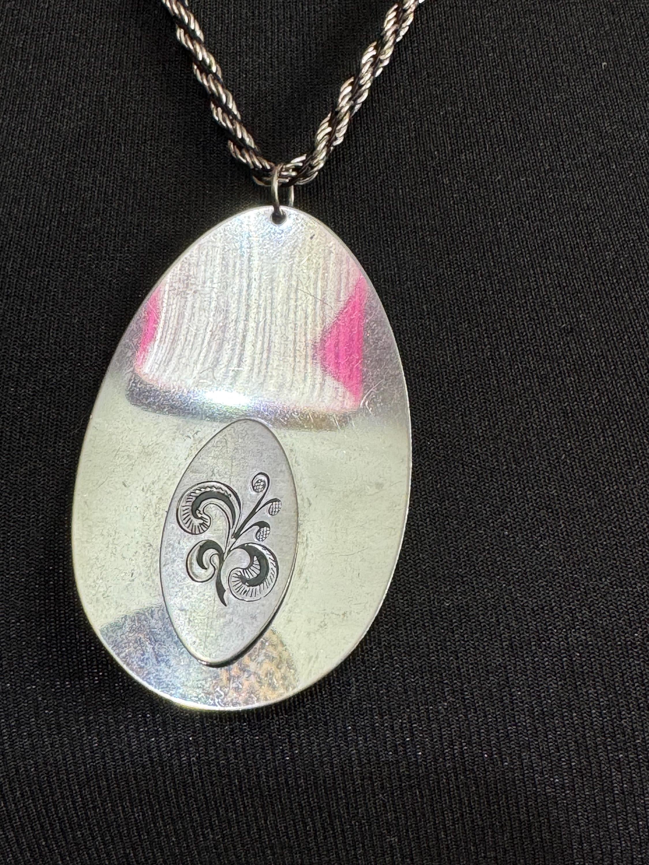 Vintage Modernist Etched Medallion Pendant Necklace: Mid Century Stainless Steel