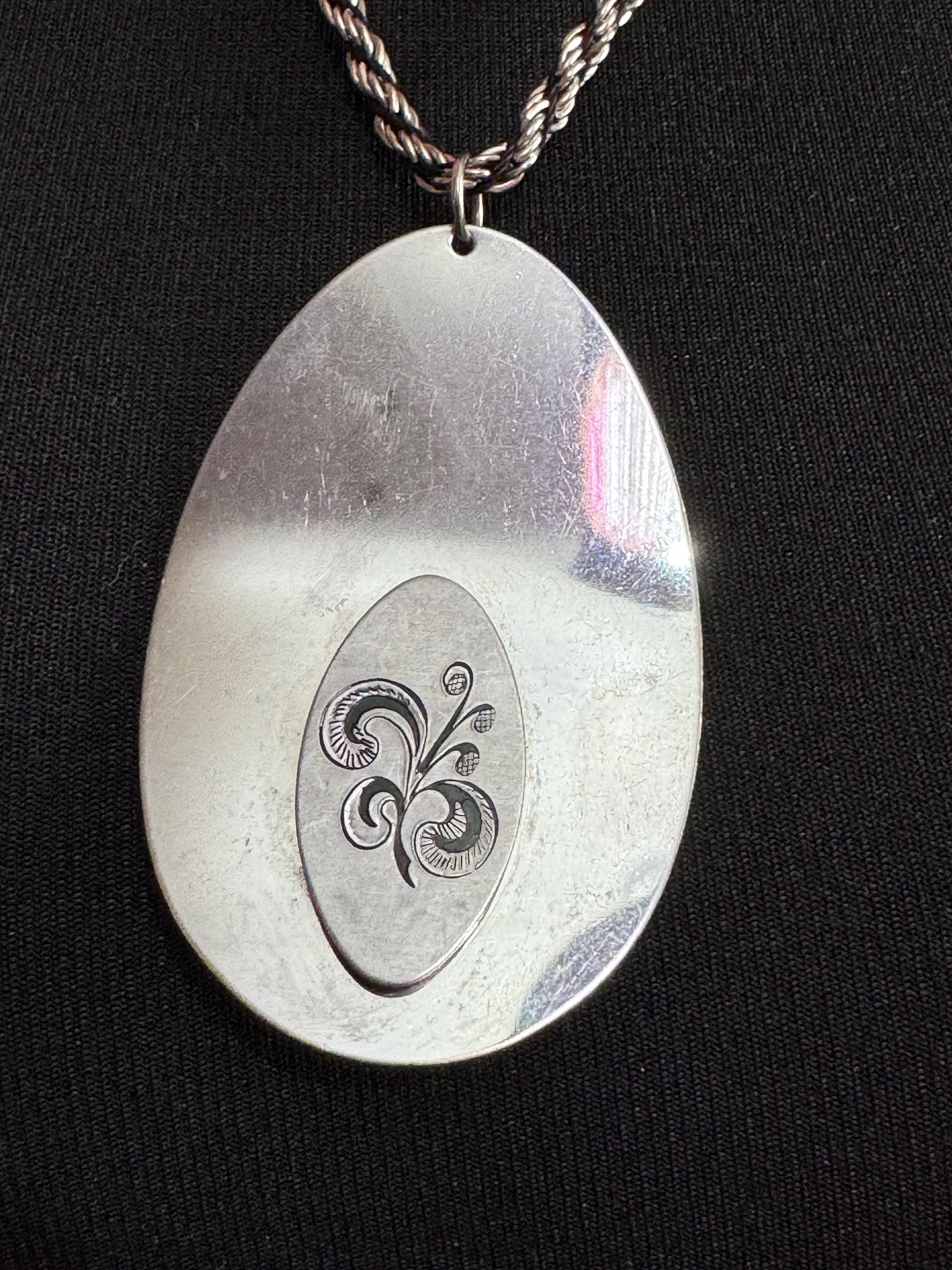 Vintage Modernist Etched Medallion Pendant Necklace: Mid Century Stainless Steel