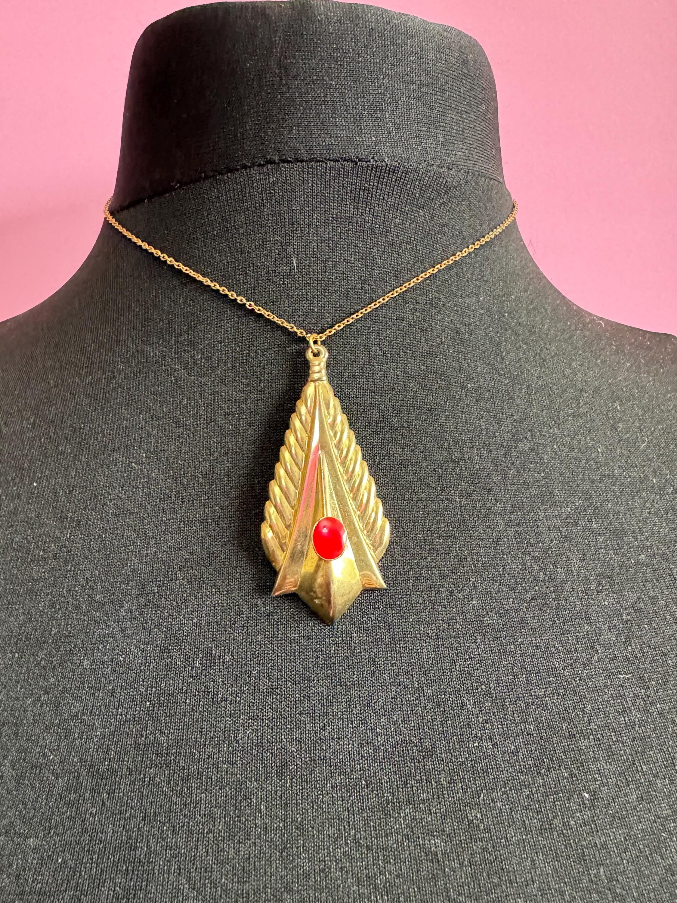 Etruscan Style Pendant: Matte Gold Teardrop with Red Cabochon