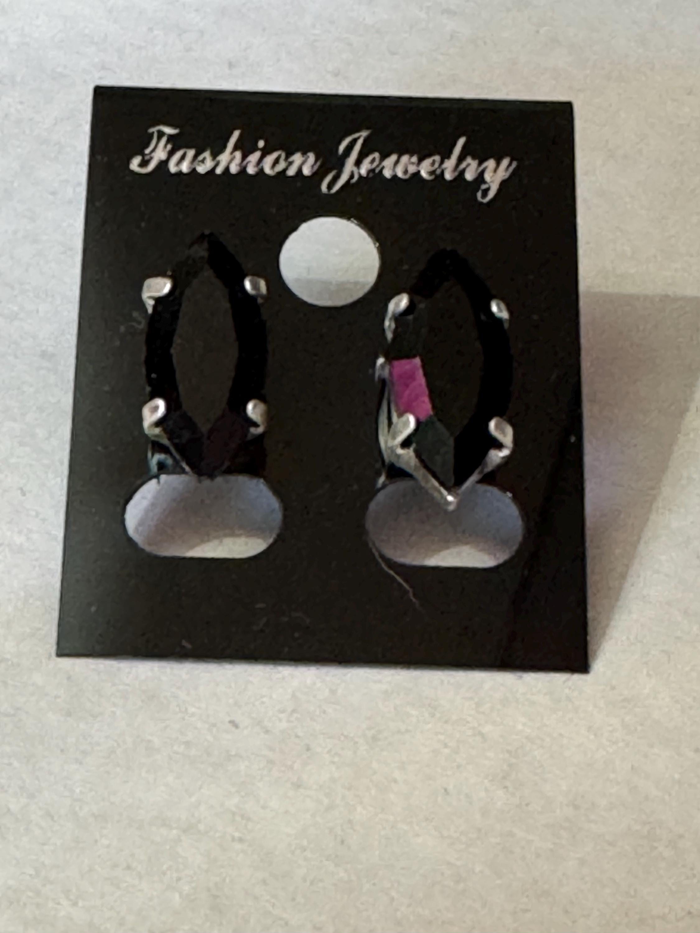 Black glass navette crystal earrings pierced 15mm