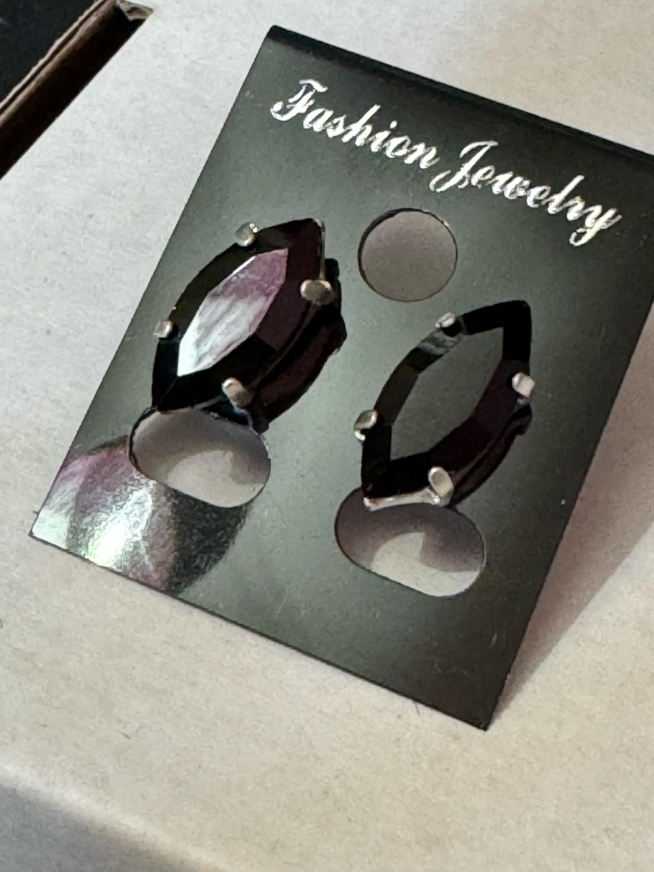 Black glass navette crystal earrings pierced 15mm