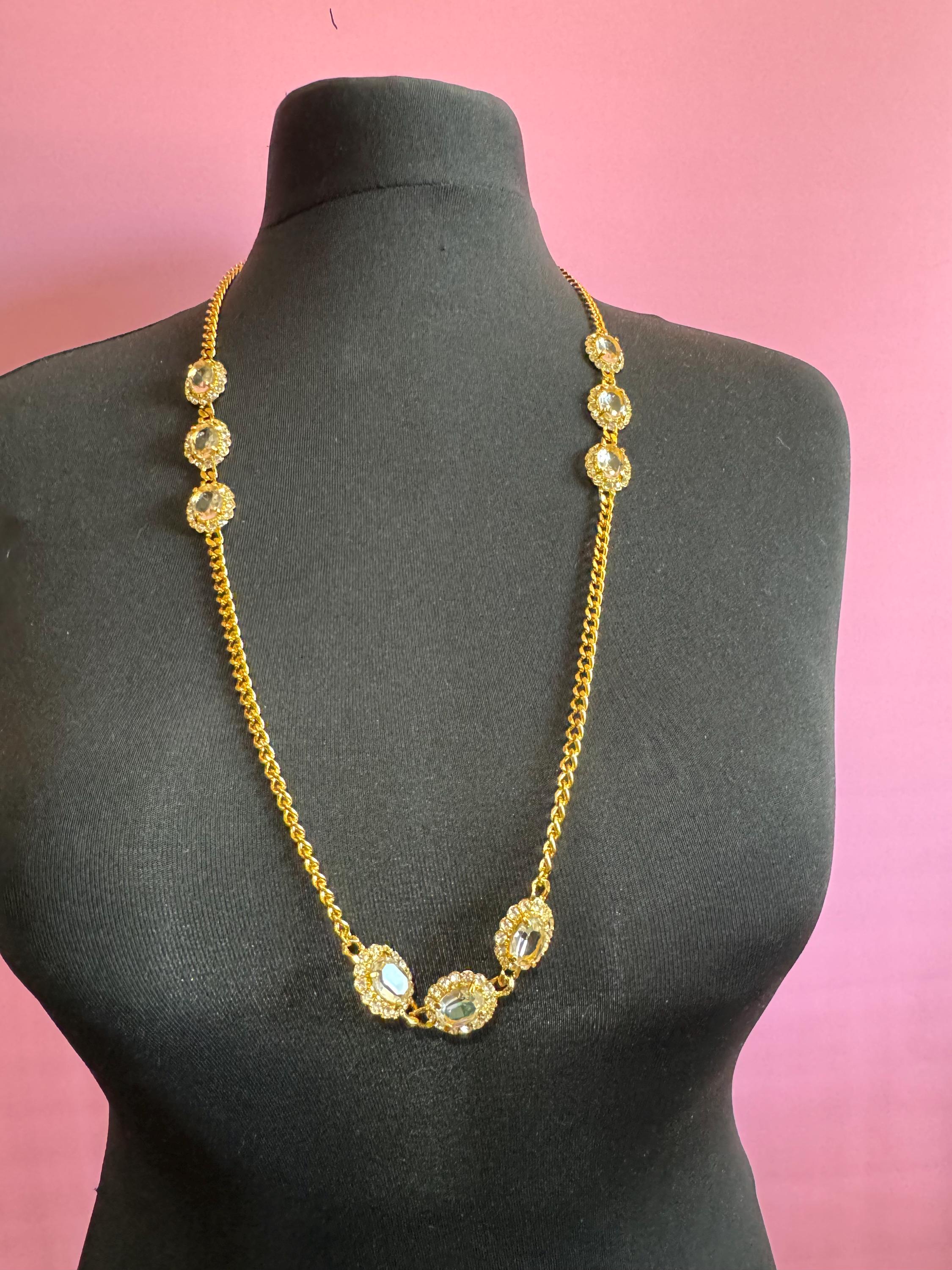 Vintage genuine clear Swarovski crystal long gold tone chain station necklace with oval rhinestones 84cm and 23mm oval clip on earrings