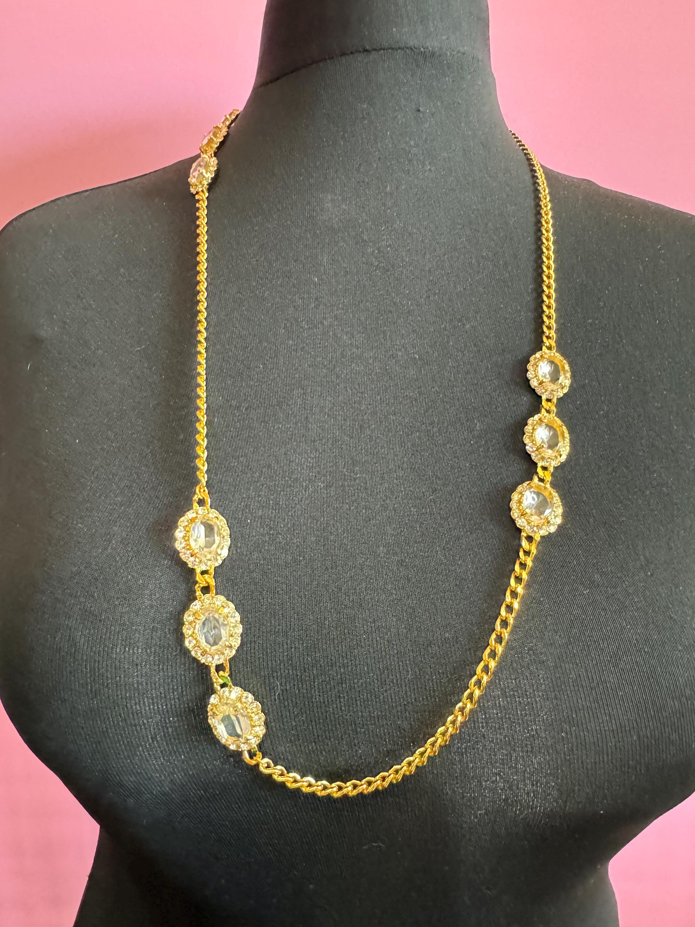 Vintage genuine clear Swarovski crystal long gold tone chain station necklace with oval rhinestones 84cm and 23mm oval clip on earrings