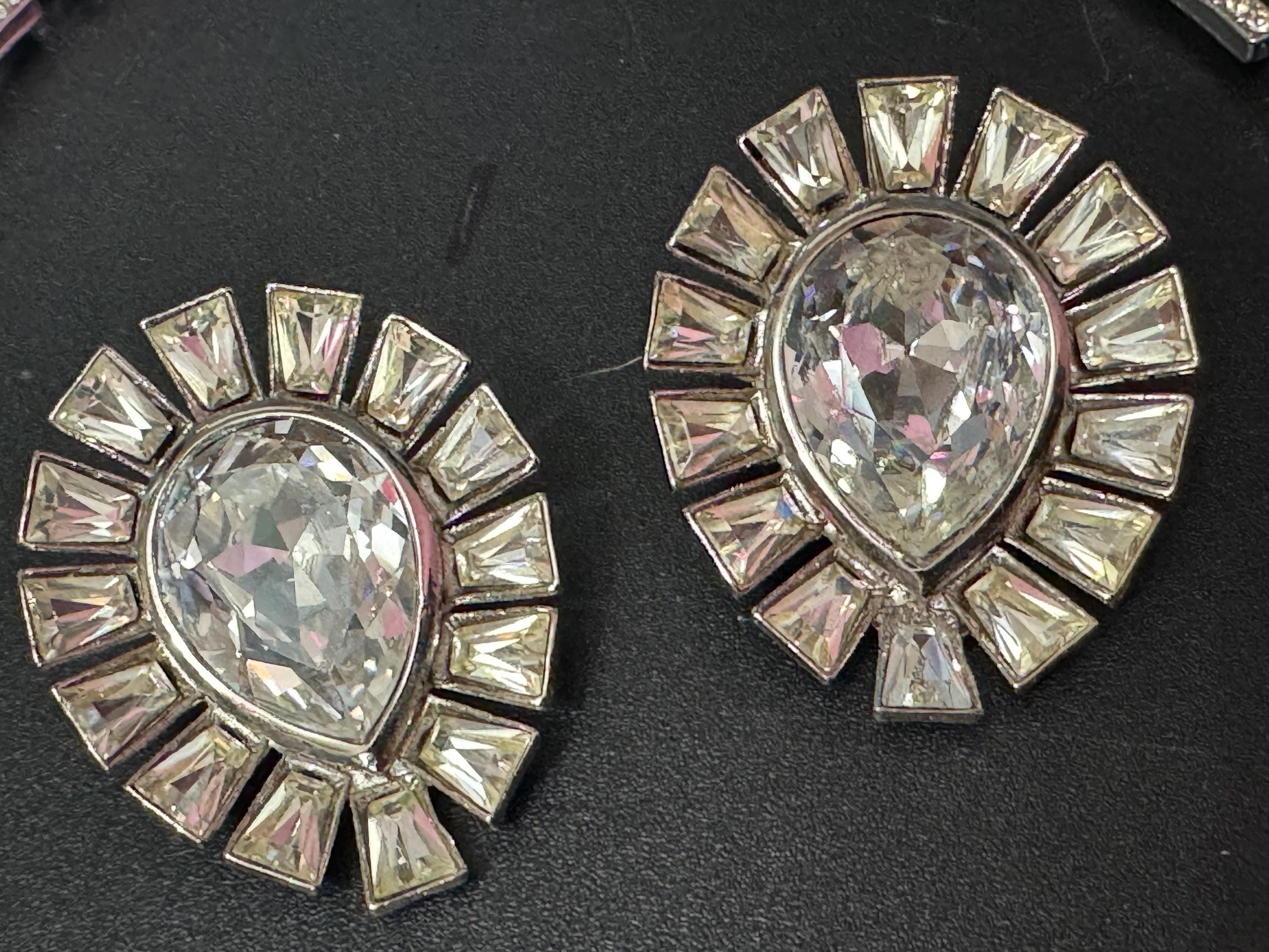 vintage clear Diamanté silver tone crystal rhinestone cocktail necklace and matching oversized clip on earrings jewellery set