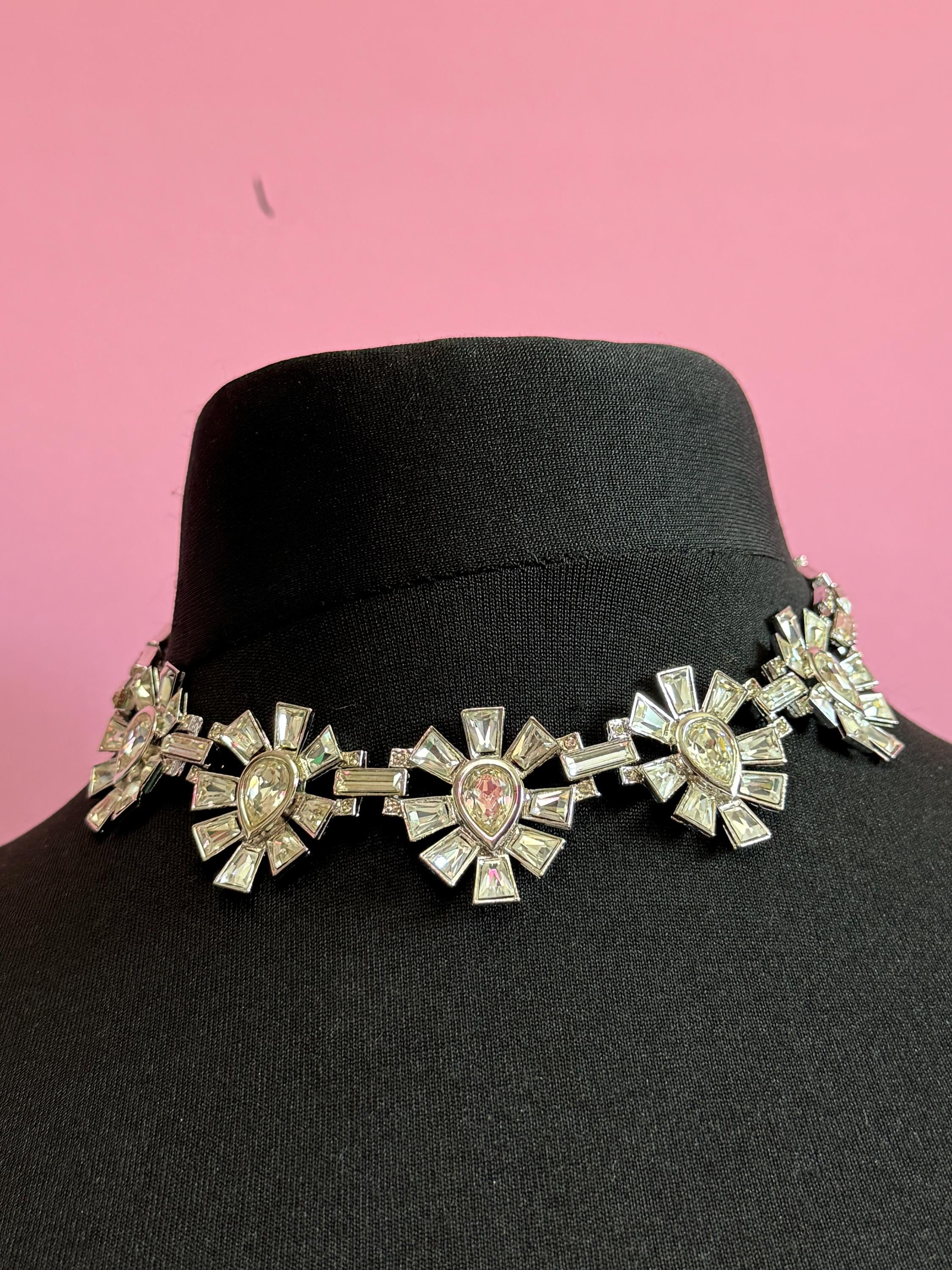 vintage clear Diamanté silver tone crystal rhinestone cocktail necklace and matching oversized clip on earrings jewellery set