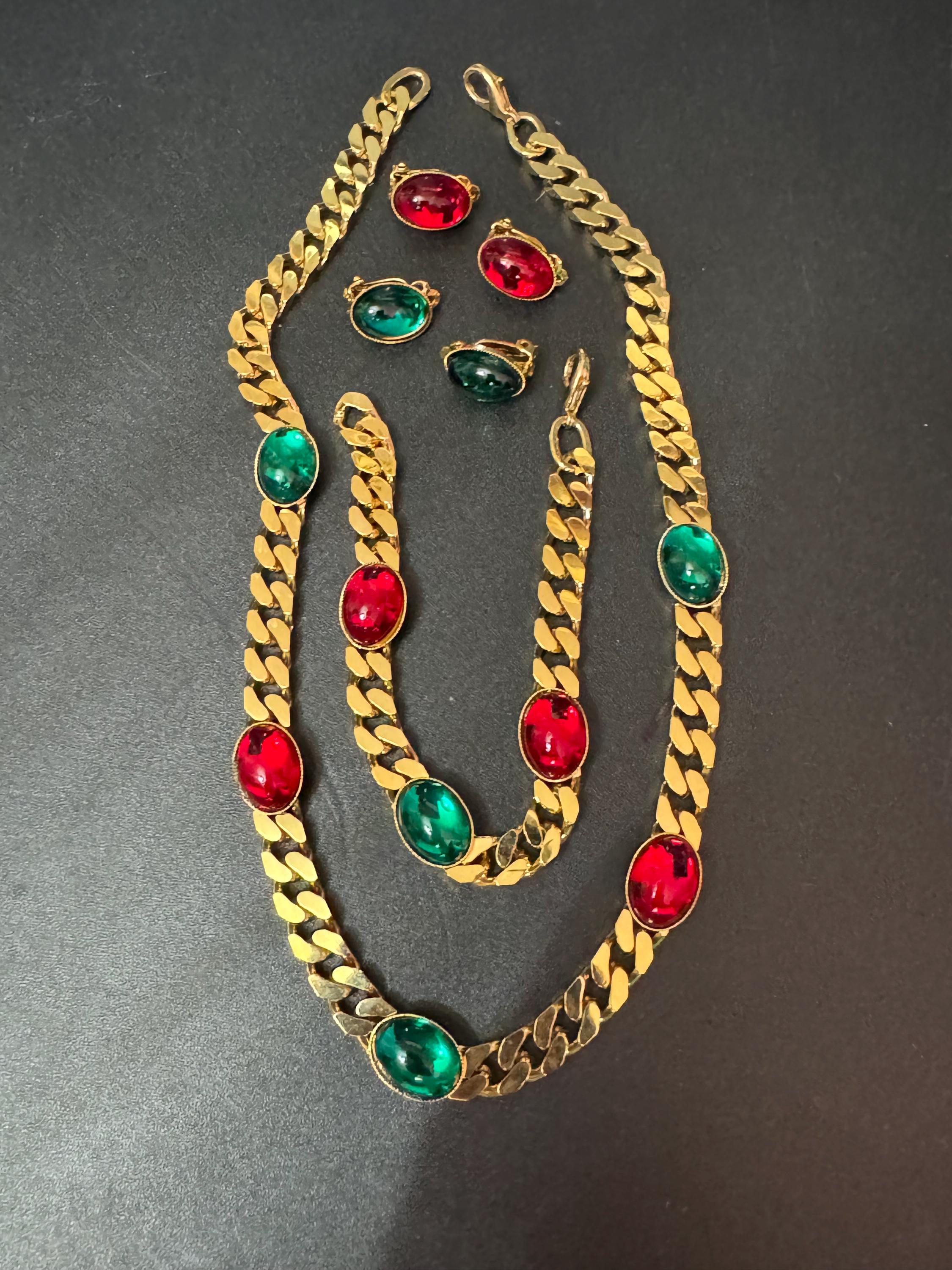 Vintage gold tone emerald green and ruby red cabochon long layering necklace bracelet and oval small clip on earrings 2 pairs matching set